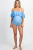 Light Blue Ruffle Trim Ruched One-Piece Maternity Swimsuit sold by Pinkblush