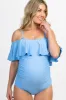 Light Blue Ruffle Trim Ruched One-Piece Maternity Swimsuit sold by Pinkblush