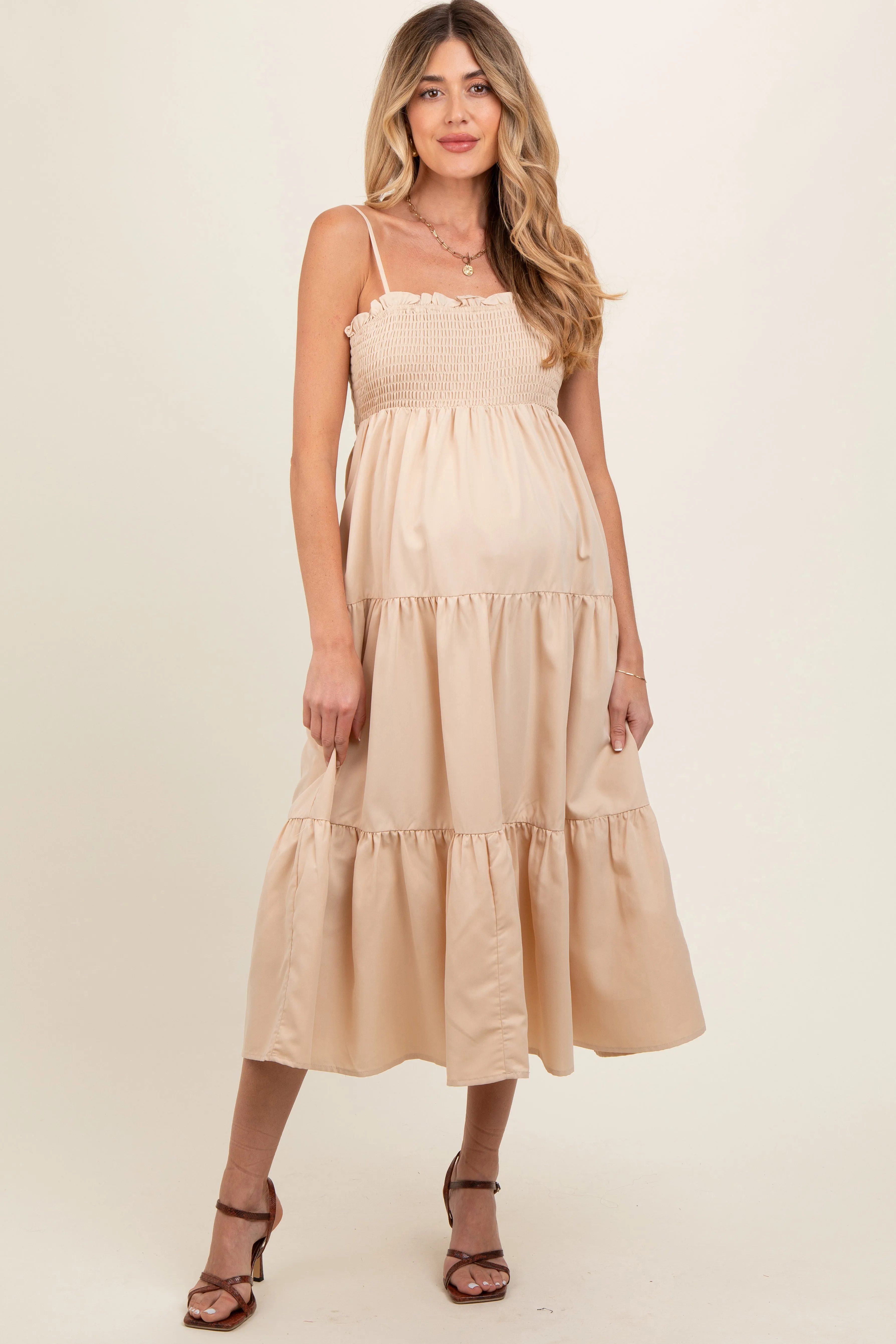 Beige Smocked Cut-Out Back Tiered Maternity Midi Dress sold by Pinkblush