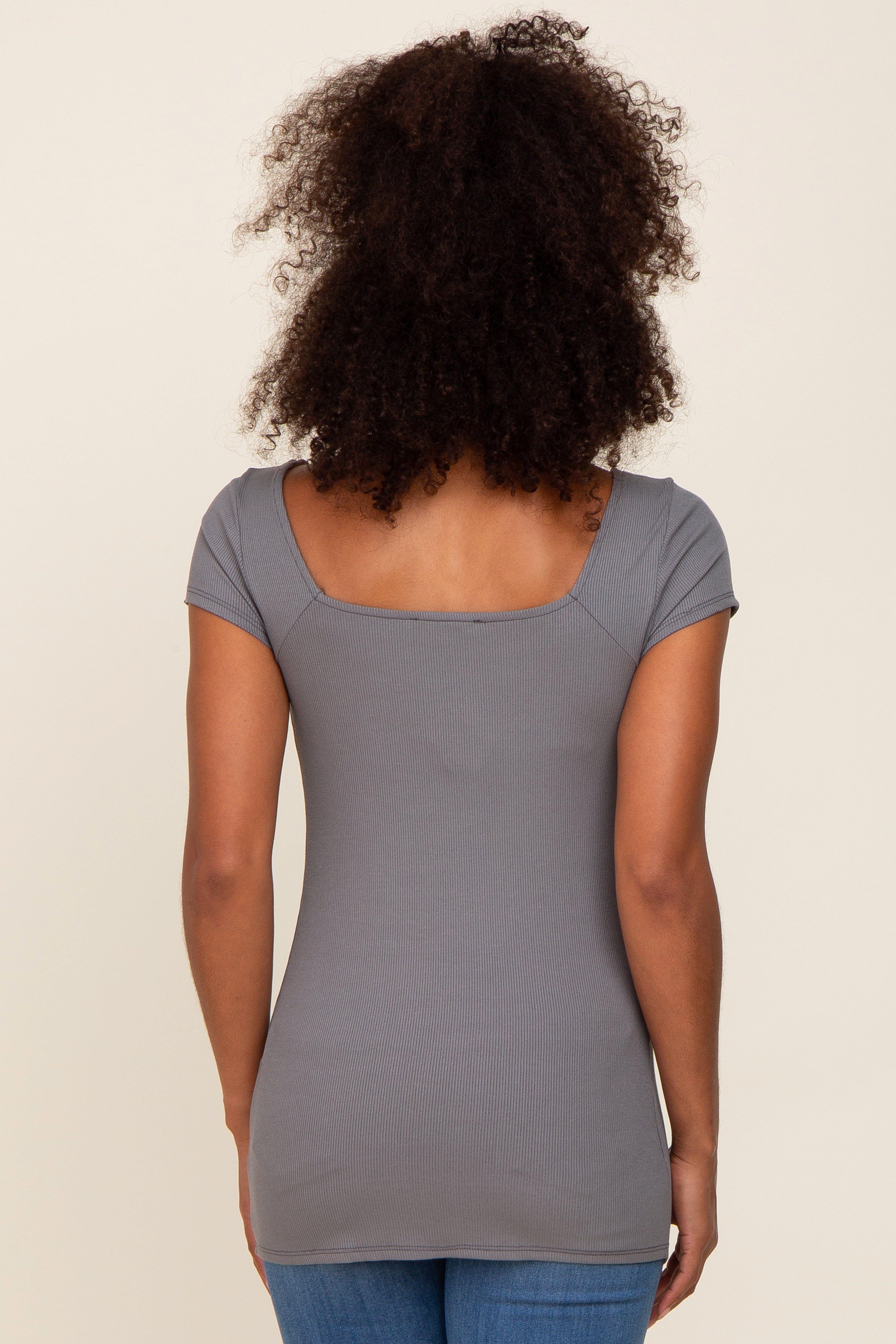 Charcoal Ribbed Squared Neck Cap Sleeve Top sold by Pinkblush product image thumbnail 3