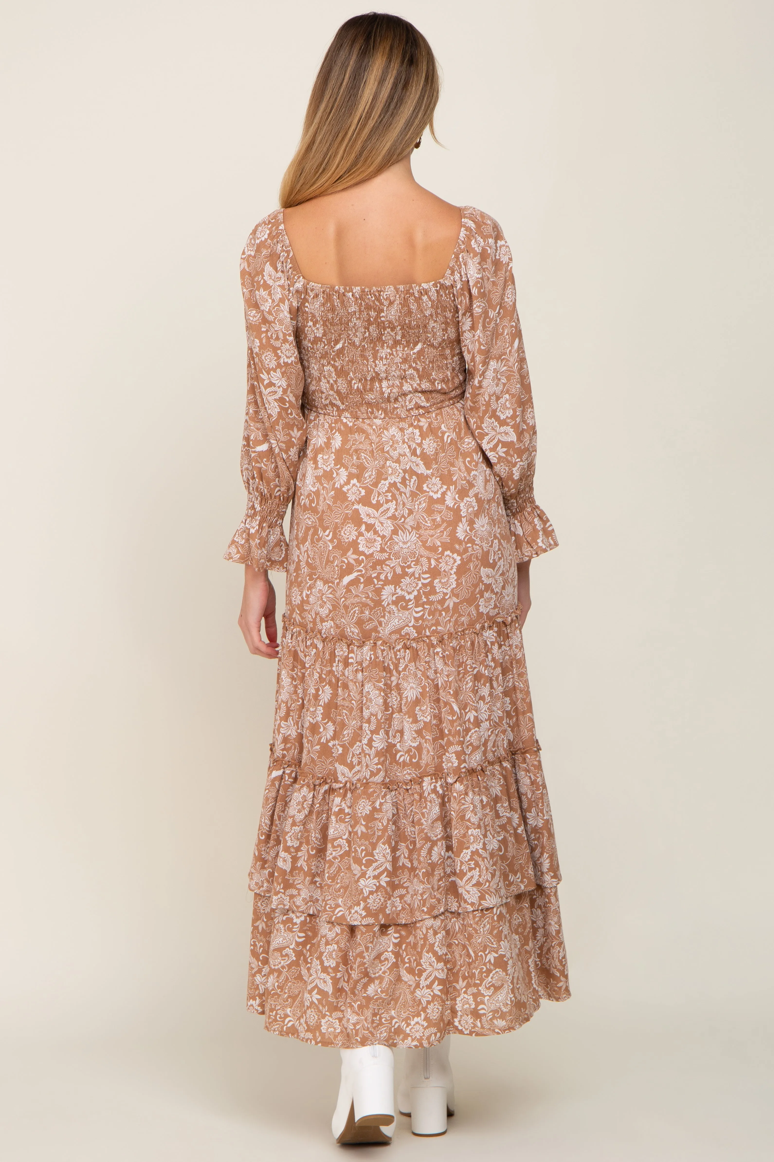 Beige Floral Cutout Smocked Tiered Maternity Maxi Dress sold by Pinkblush product image thumbnail 3