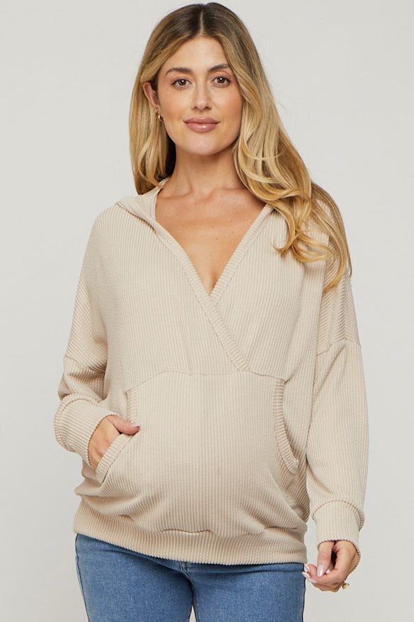 Cream Ribbed Hooded Wrap Long Sleeve Maternity Top sold by Pinkblush