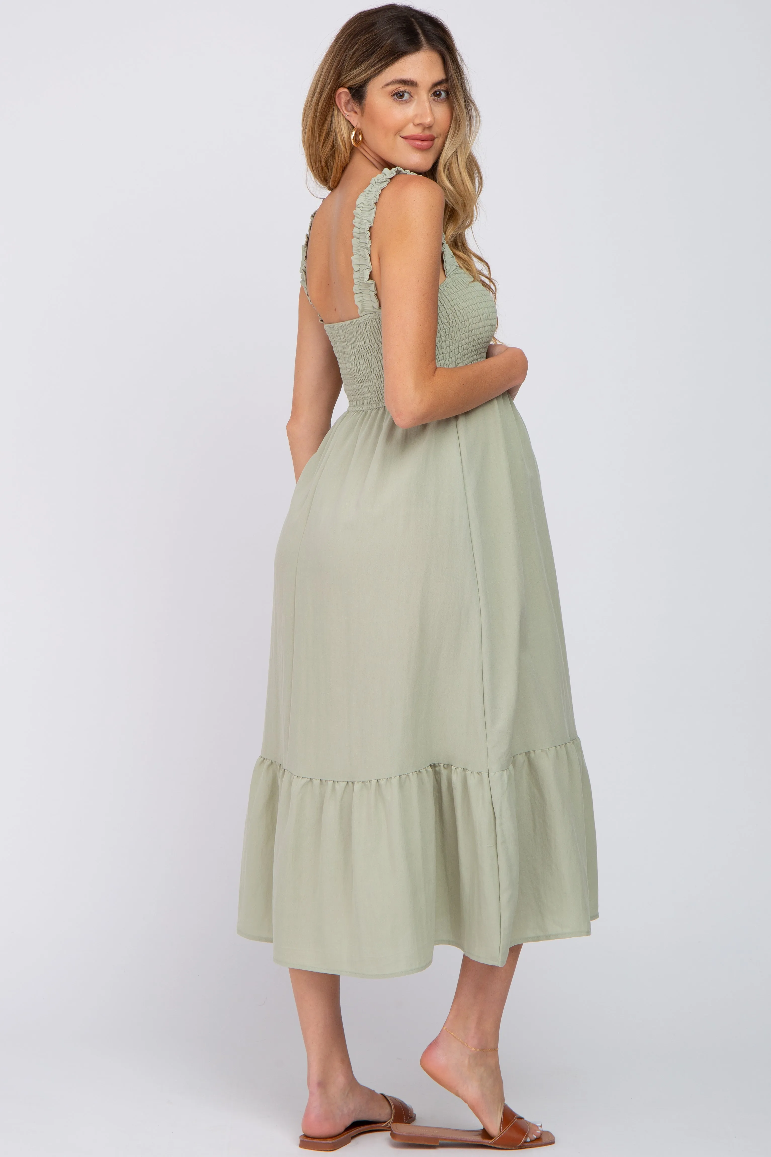 Light Olive Smocked Maternity Midi Dress sold by Pinkblush product image thumbnail 3