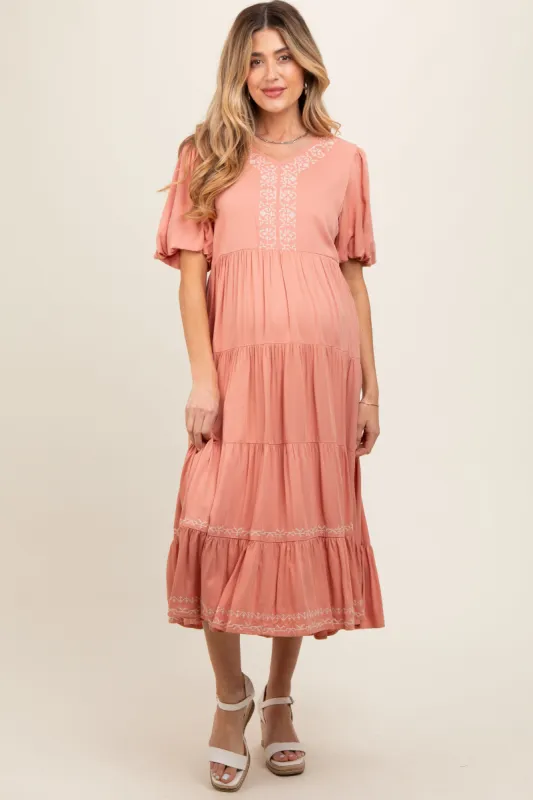 Salmon Short Sleeve Tiered Maternity Dress sold by Pinkblush