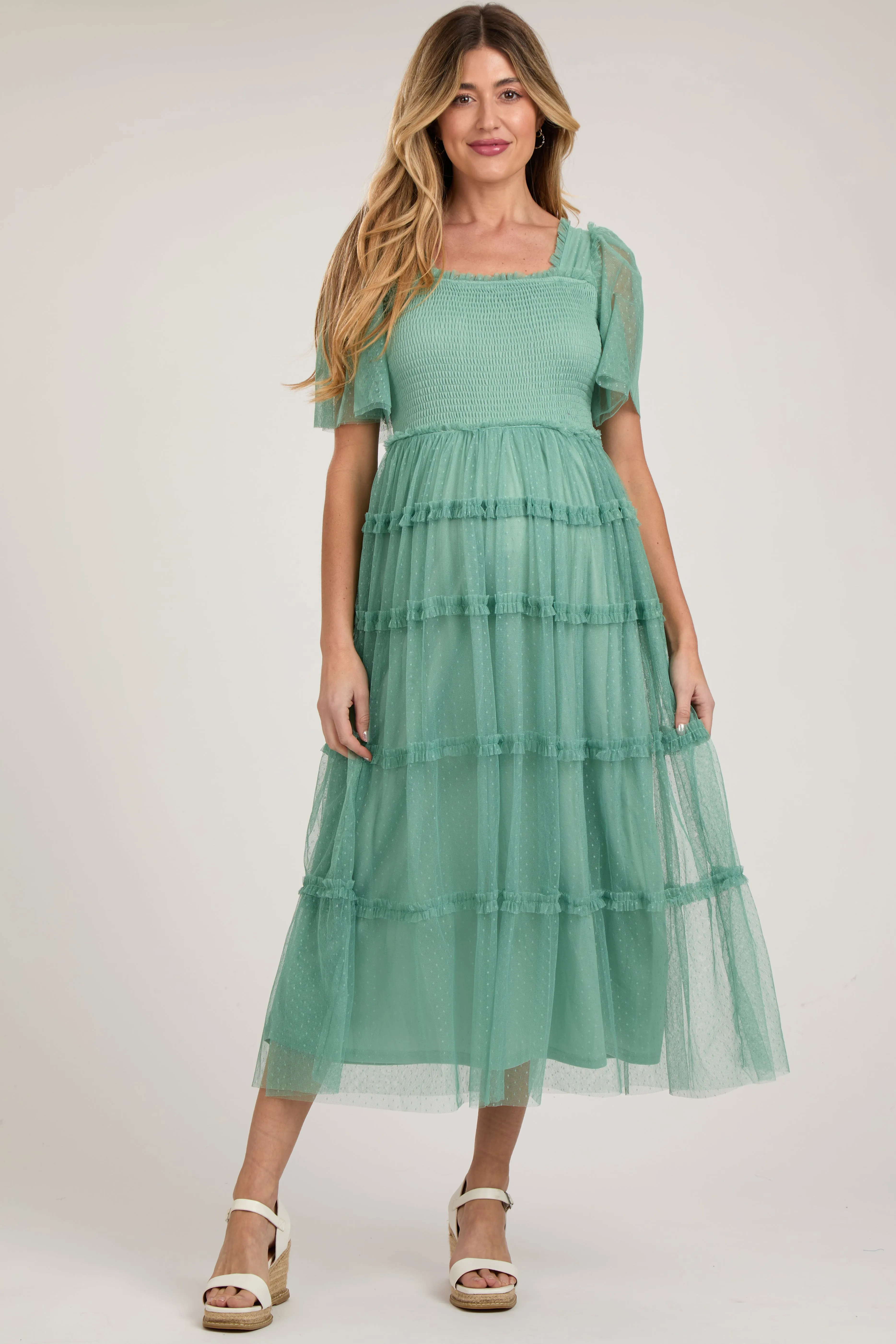 Jade Ruffled Mesh Maternity Maxi Dress sold by Pinkblush