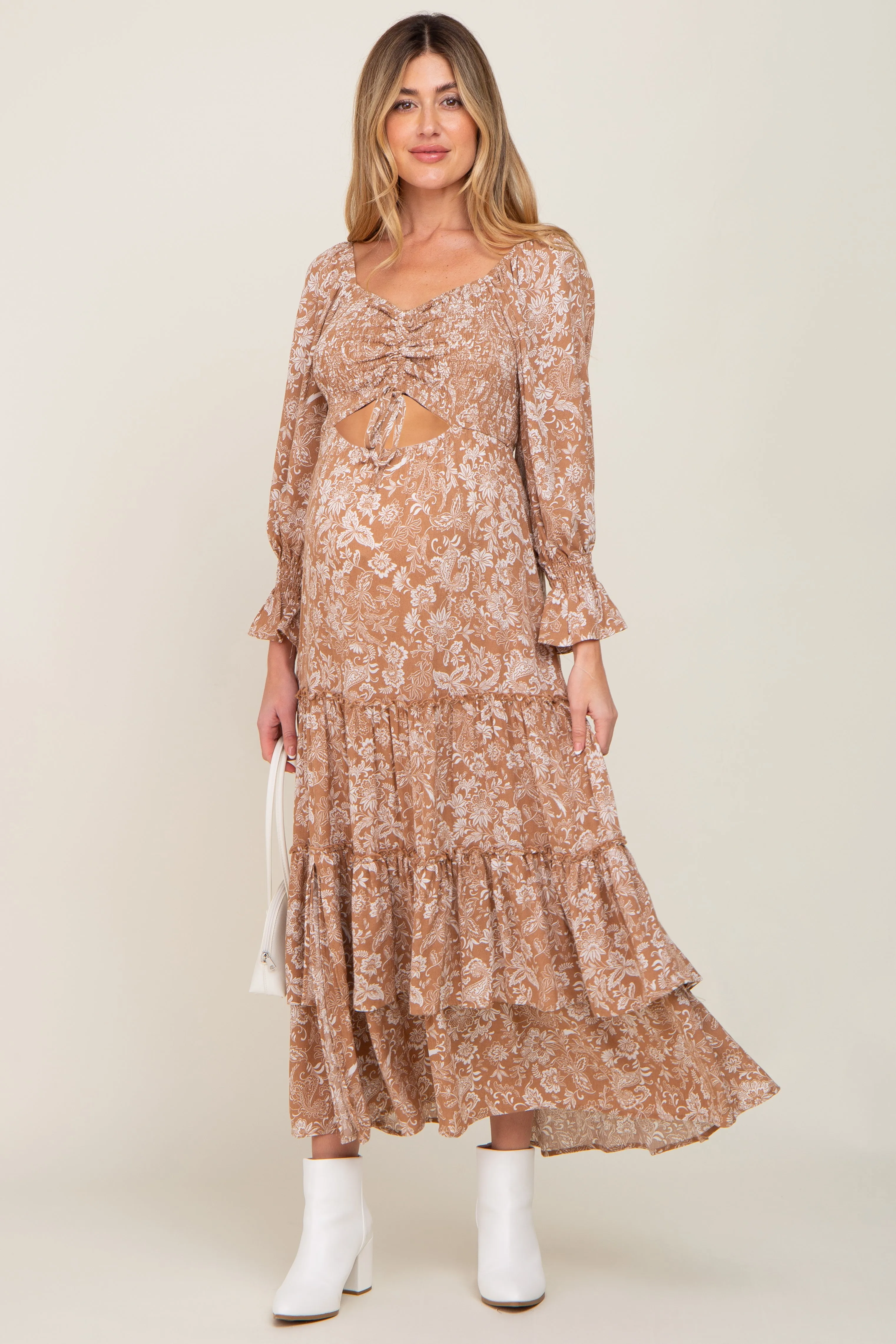 Beige Floral Cutout Smocked Tiered Maternity Maxi Dress sold by Pinkblush