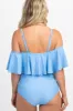Light Blue Ruffle Trim Ruched One-Piece Maternity Swimsuit sold by Pinkblush