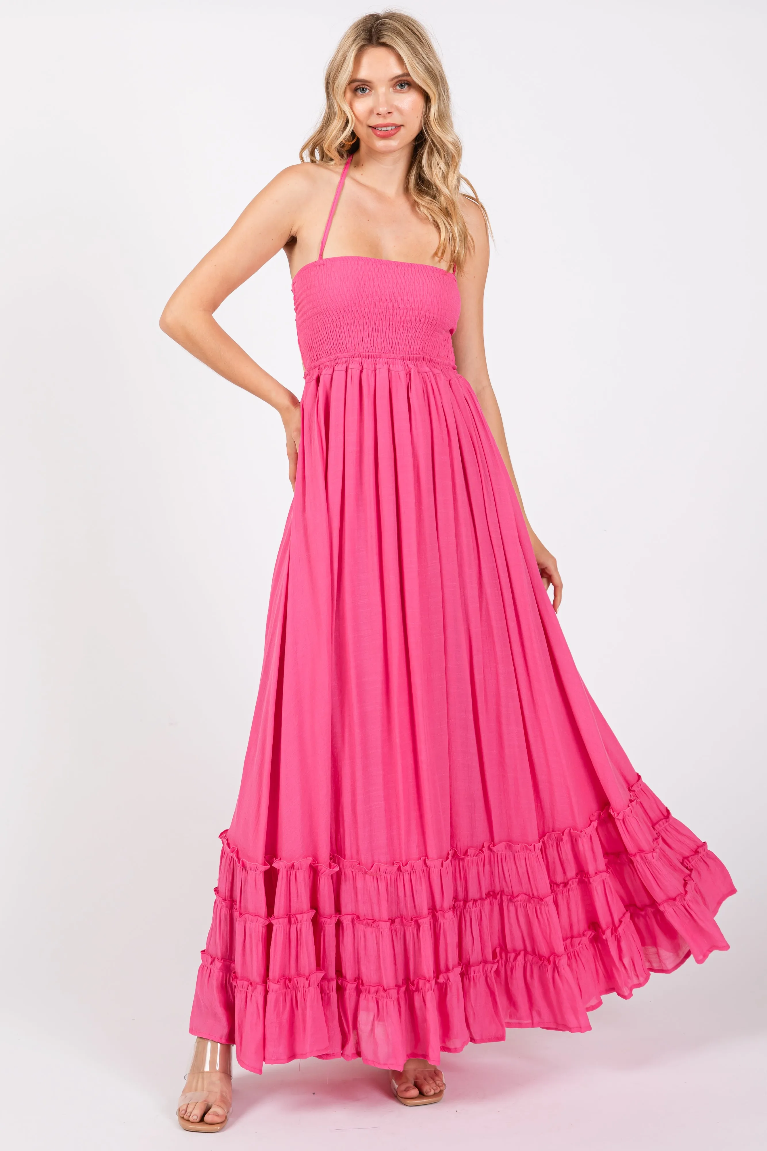Pink Smocked Halter Cutout Maxi Dress sold by Pinkblush