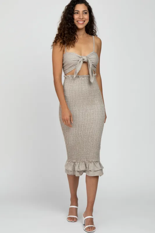 Mocha Gingham Print Smocked Fitted Self-Tie Midi Dress sold by Pinkblush