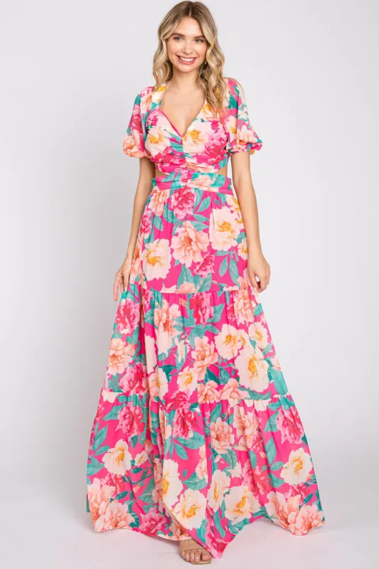 Fuchsia Floral Chiffon Front Sweetheart Neck Lace-Up Back Tiered Maxi Dress sold by Pinkblush