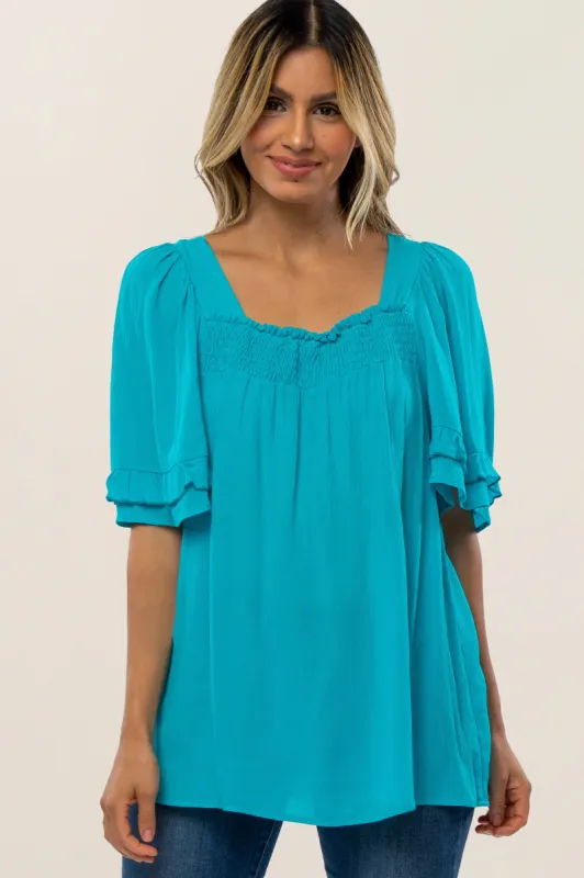Turquoise Square Smocked Neck Ruffle Sleeve Top sold by Pinkblush