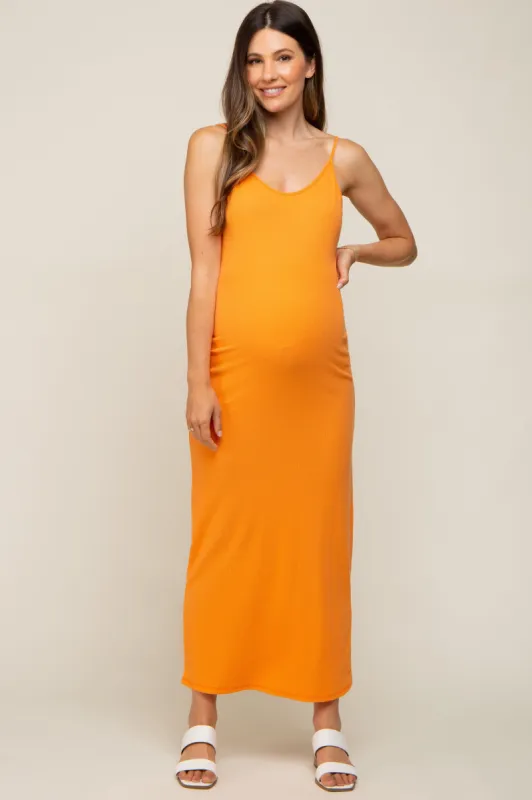 Orange Ribbed Sleeveless Maternity Maxi Dress sold by Pinkblush