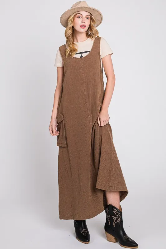 Brown Washed Cargo Maxi Dress made by Pinkblush