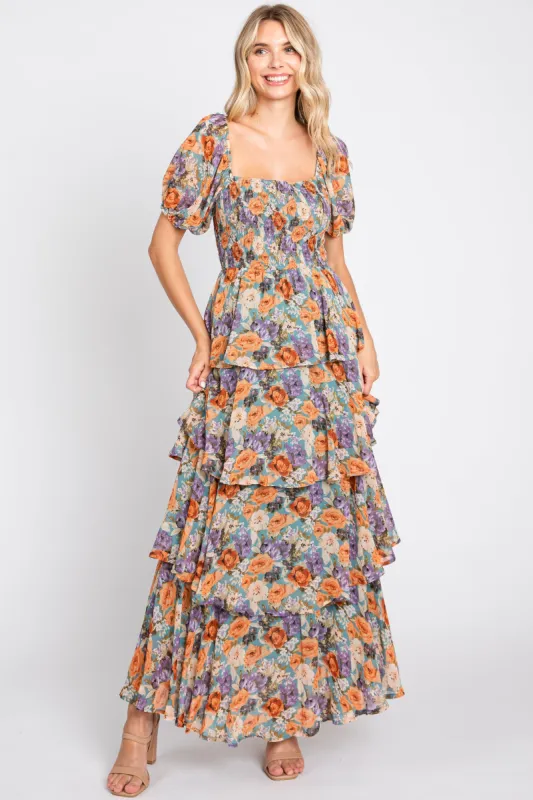 Blue Floral Smocked Square Neck Ruffle Layered Maxi Dress sold by Pinkblush