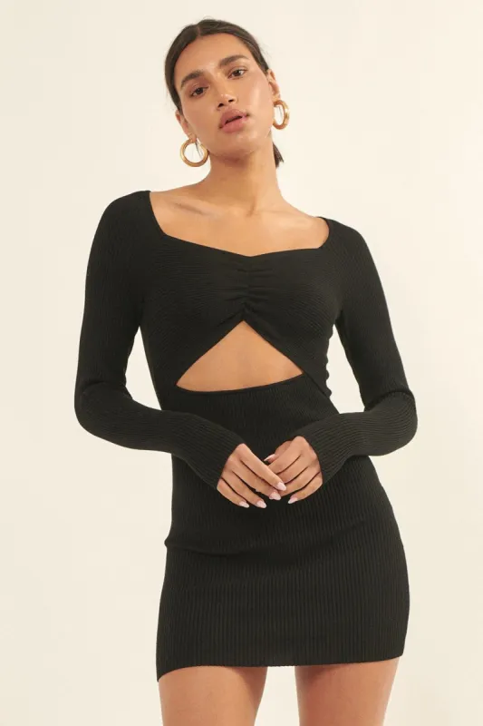 Black Ribbed Knit Scoop Neck Sweater Mini Dress sold by Pinkblush