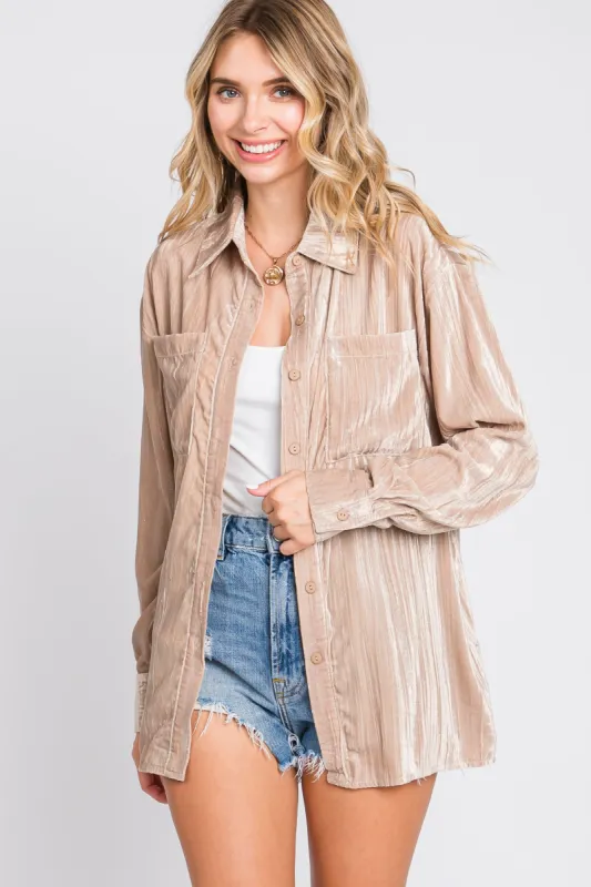Taupe Button Up Velvet Top sold by Pinkblush