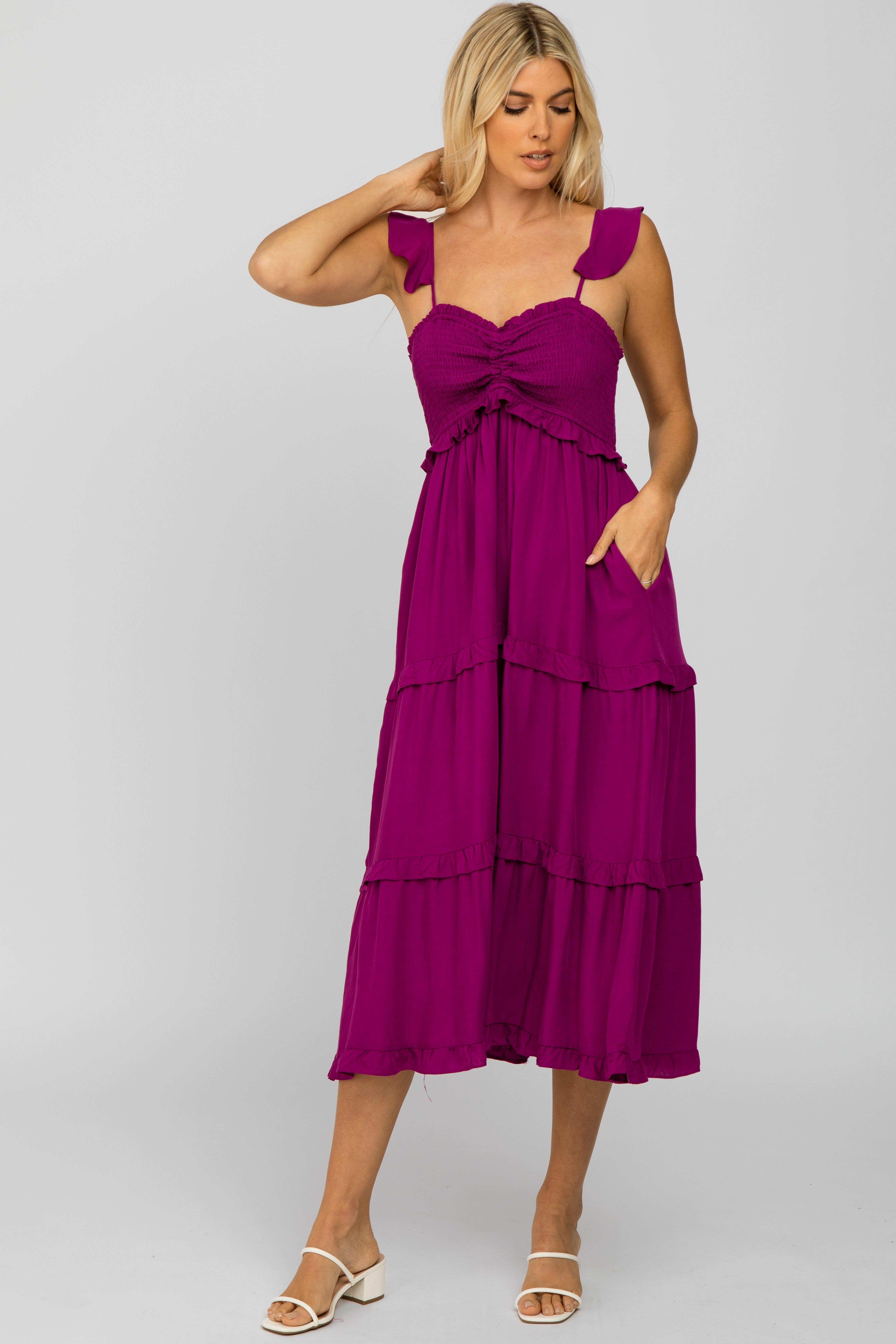Magenta Ruffle Tiered Midi Dress sold by Pinkblush