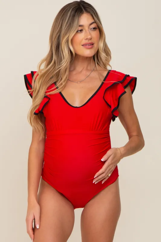 Red Color Blocked Ruffle Shoulder Cutout Back Maternity One Piece Swimsuit sold by Pinkblush
