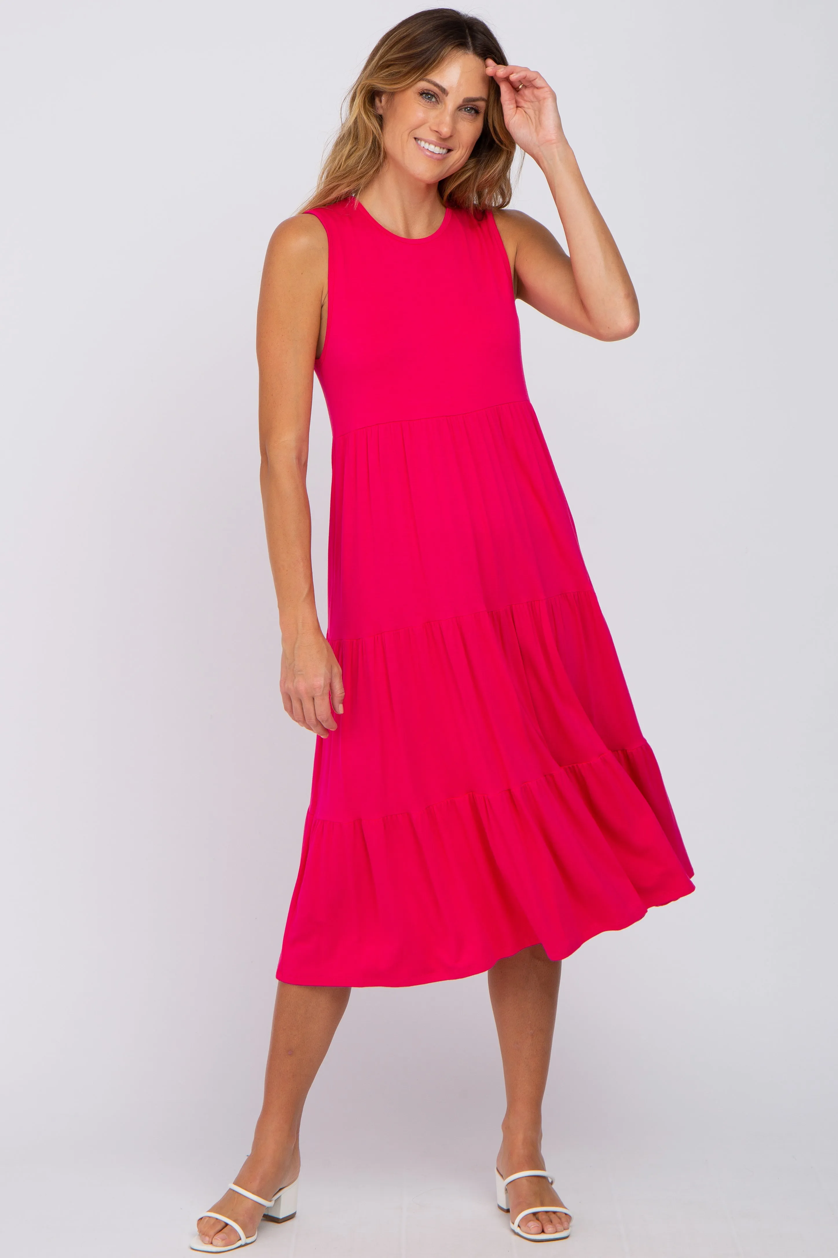 Fuchsia Tiered Sleeveless Midi Dress sold by Pinkblush
