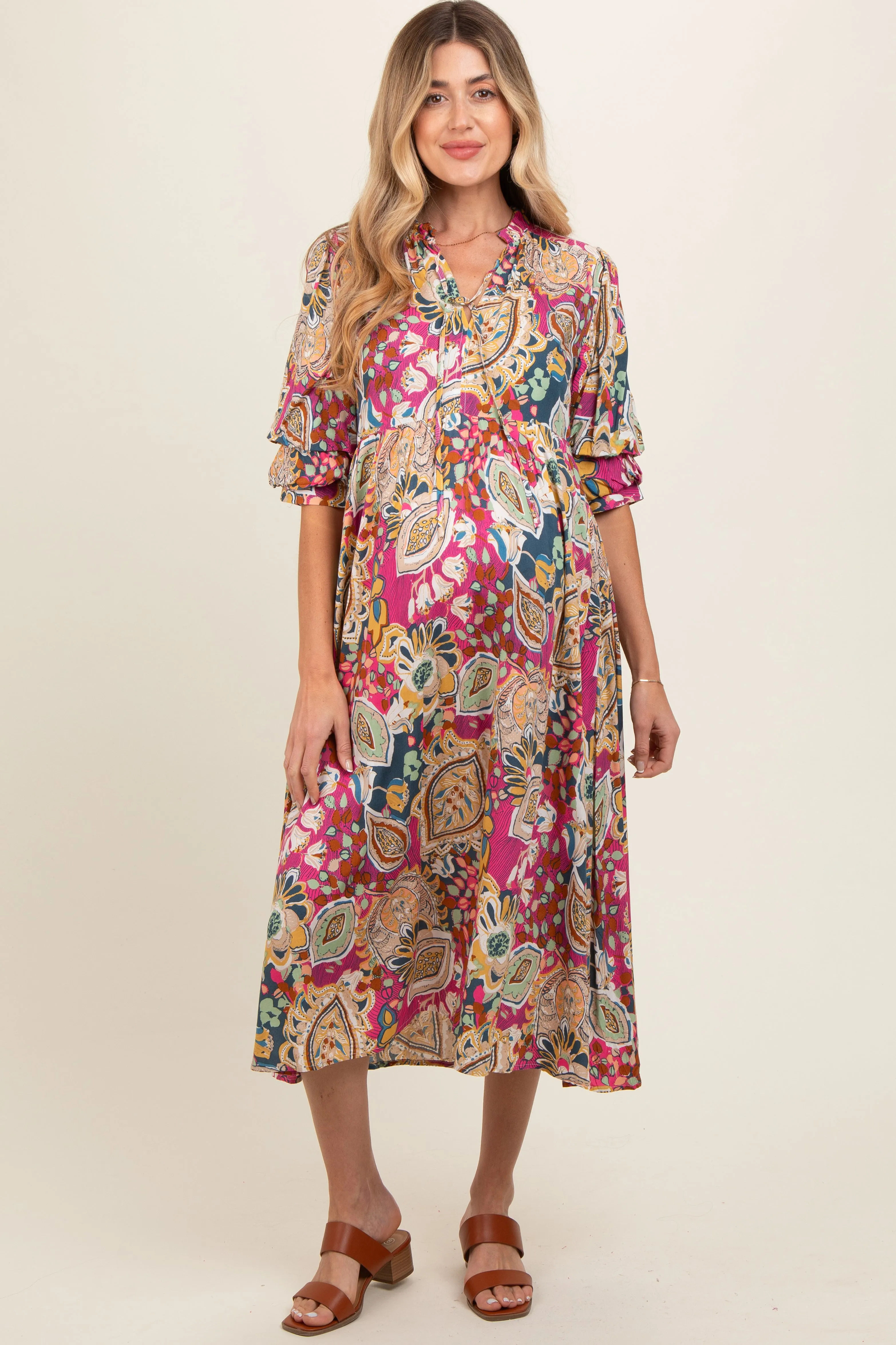 Pink Paisley Print Tiered A-Line Maternity Midi Dress sold by Pinkblush
