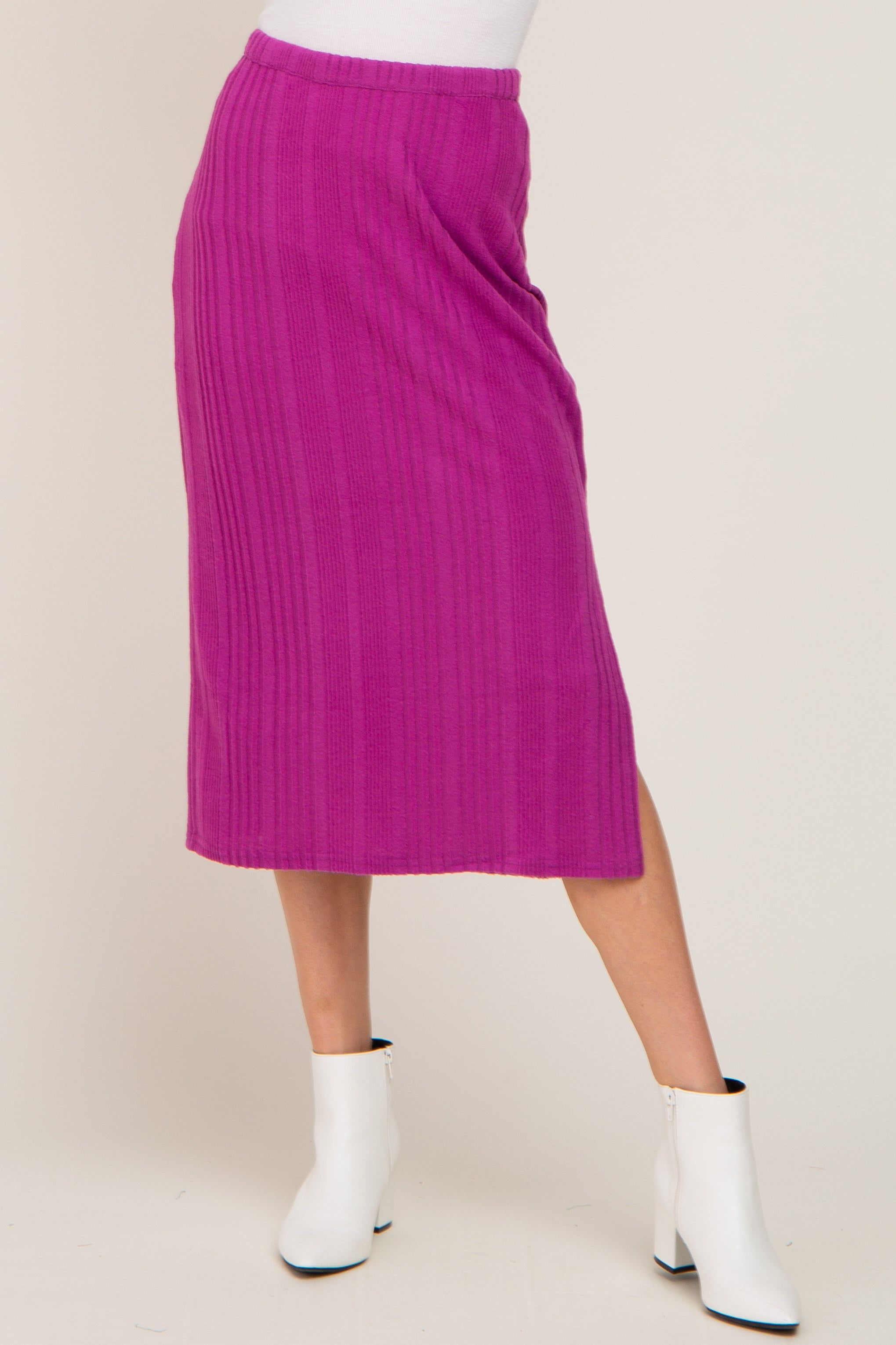 Magenta Soft Knit Ribbed Side Slit Midi Skirt sold by Pinkblush product image thumbnail 2