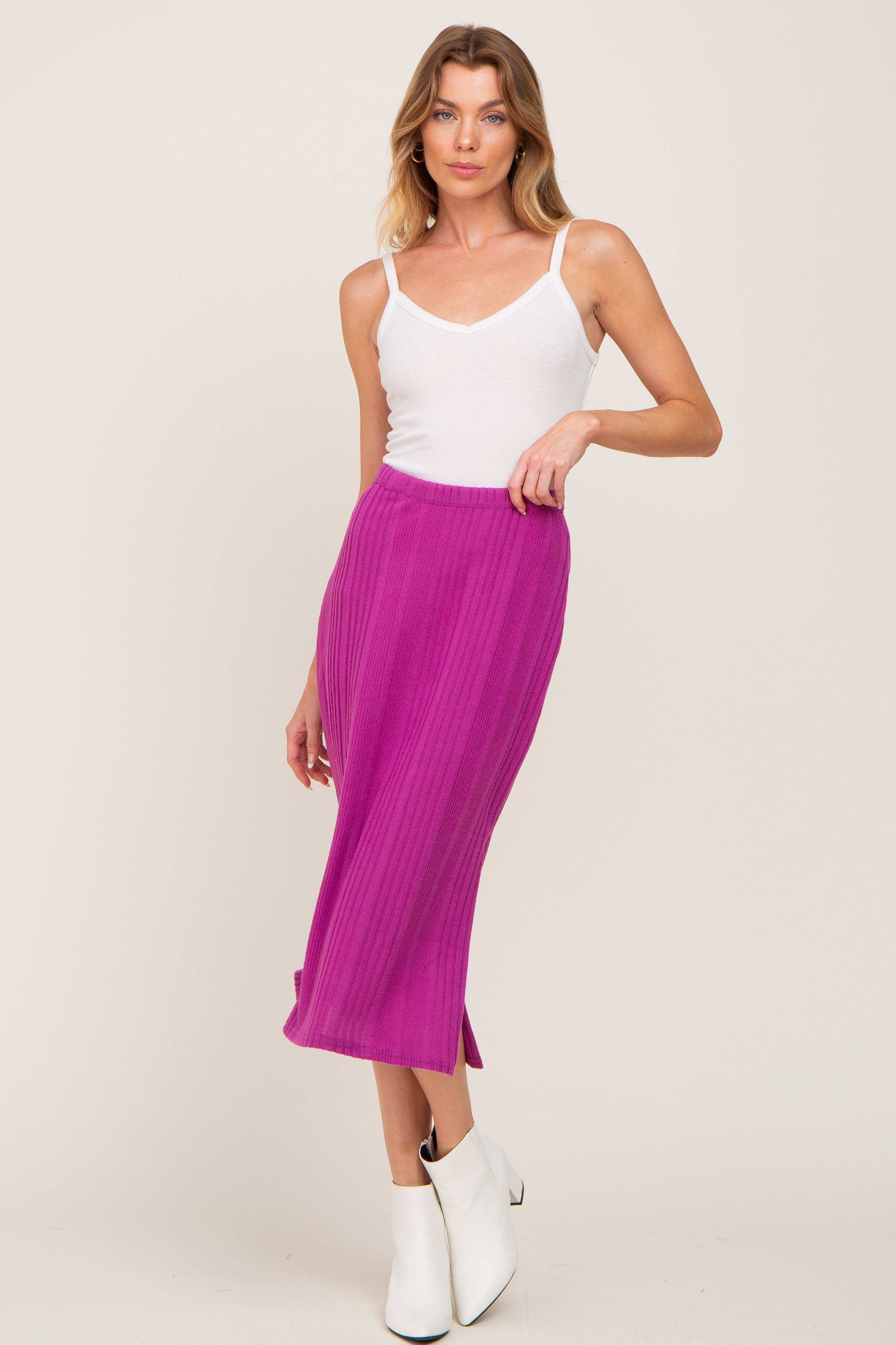 Magenta Soft Knit Ribbed Side Slit Midi Skirt sold by Pinkblush