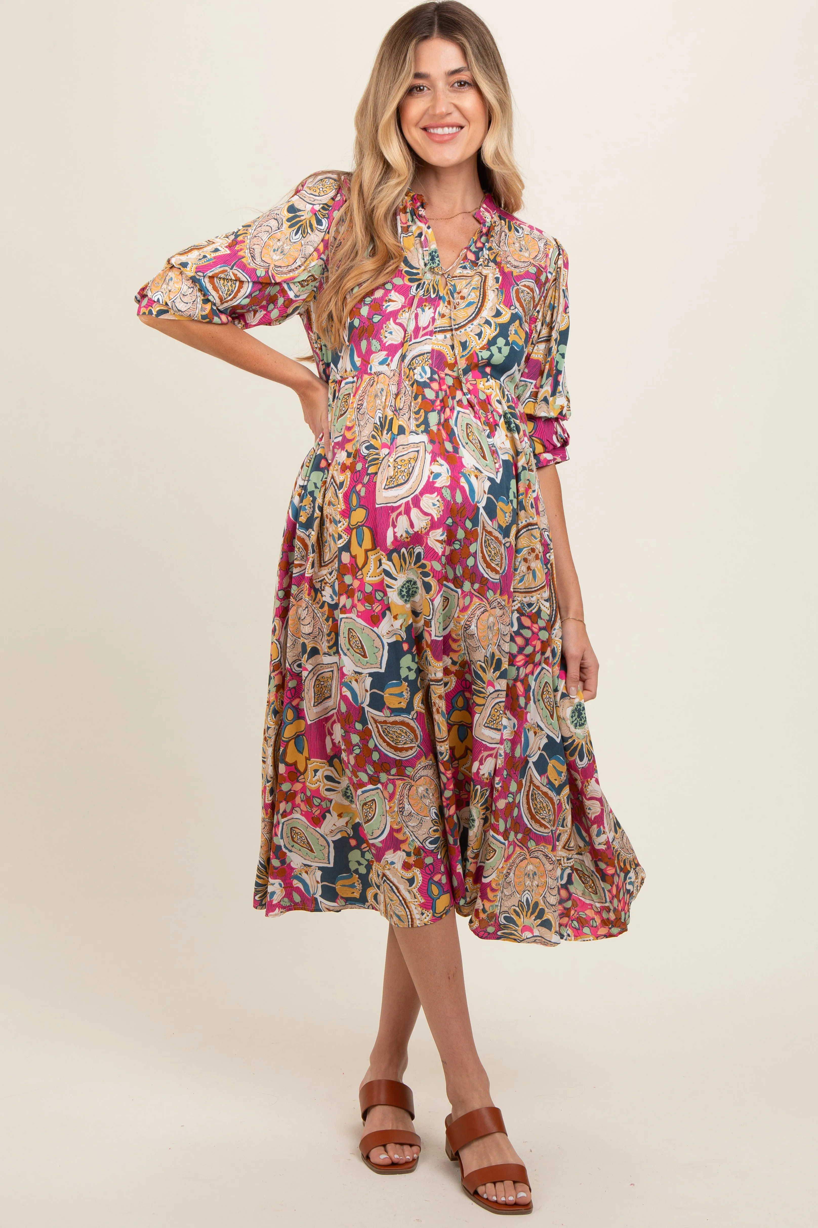 Pink Paisley Print Tiered A-Line Maternity Midi Dress sold by Pinkblush product image thumbnail 2