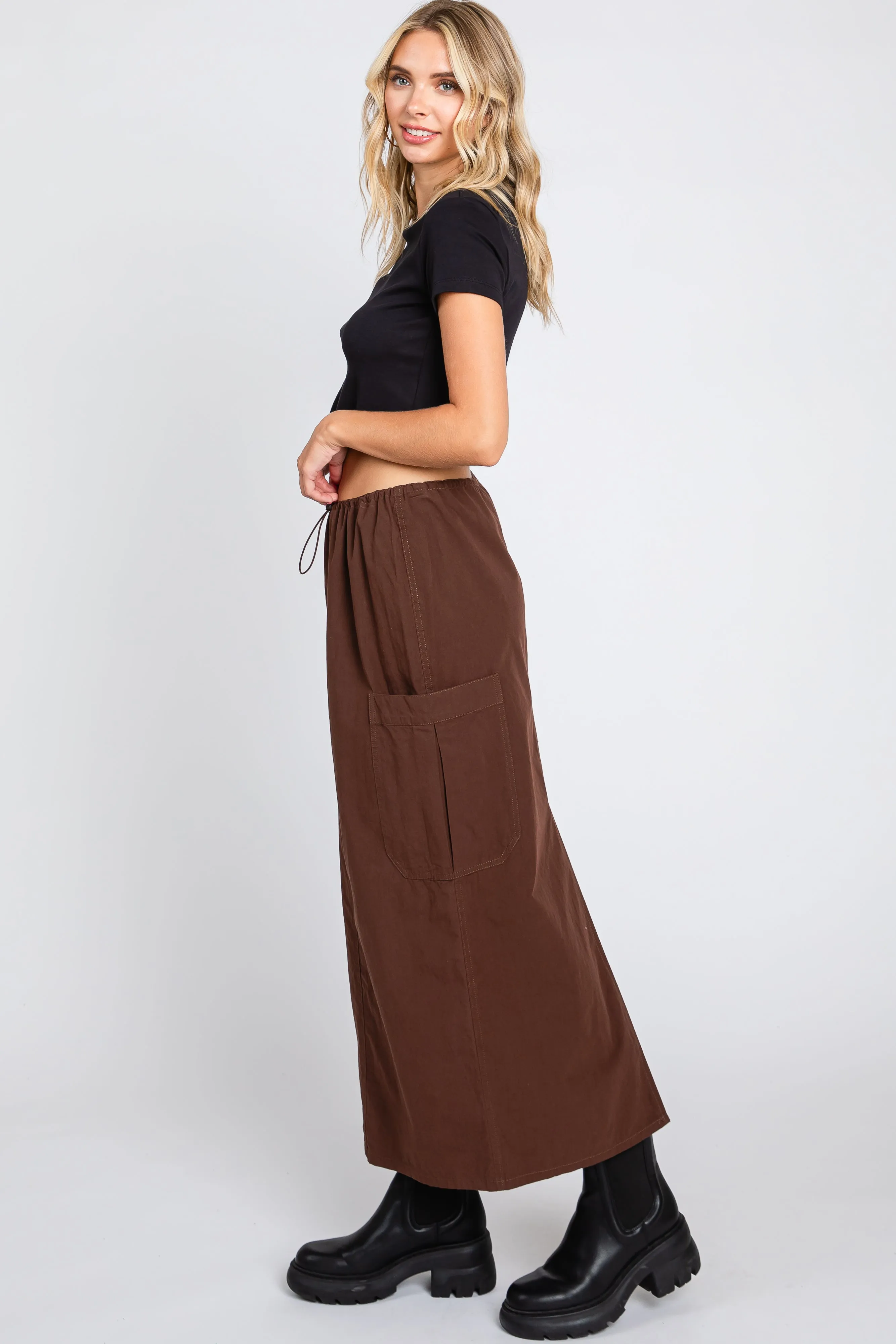 Brown Drawstring Pocket Maxi Skirt sold by Pinkblush product image thumbnail 2