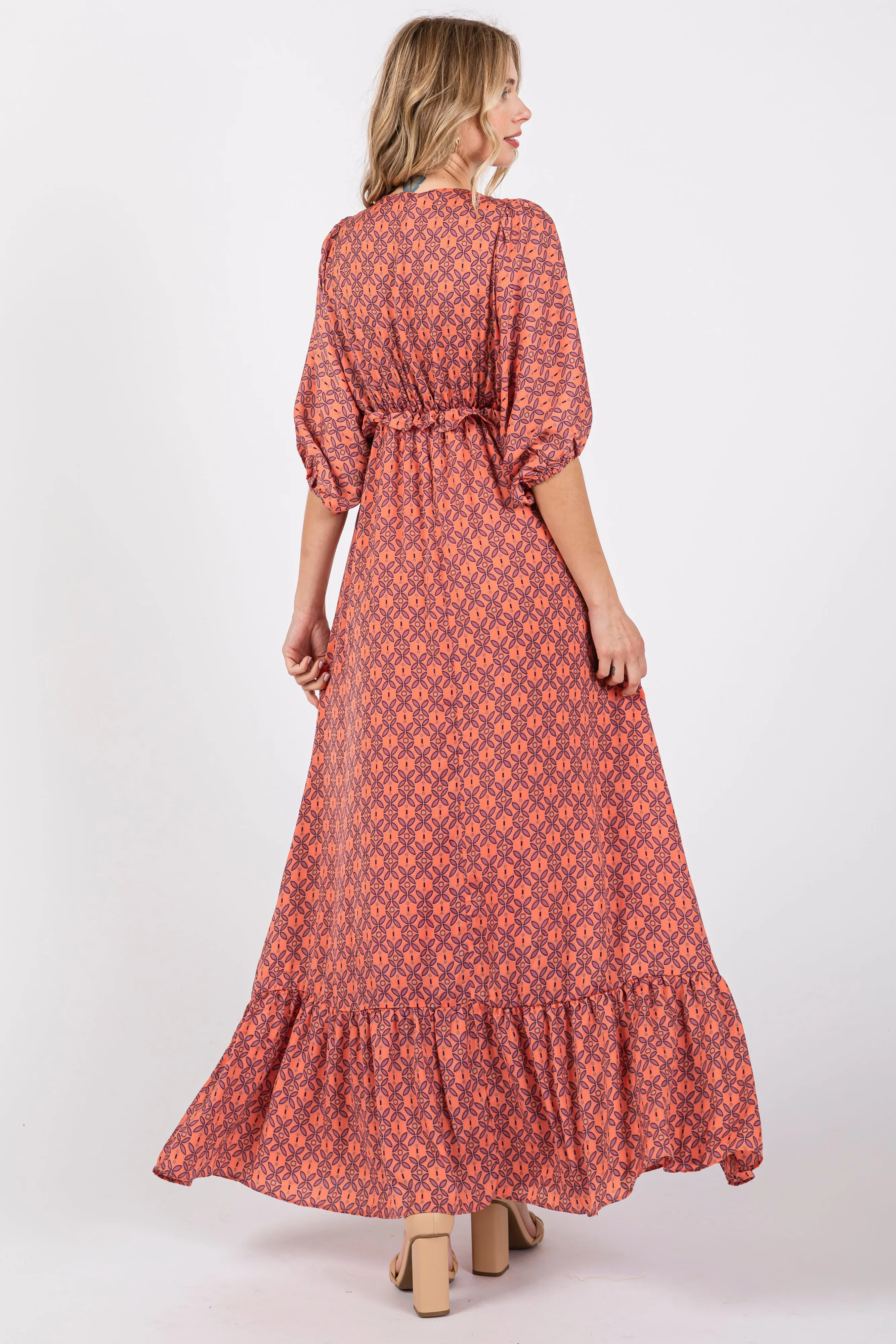 Orange Deep V-Neck Short Puff Sleeve Ruffle Maxi Dress sold by Pinkblush product image thumbnail 3