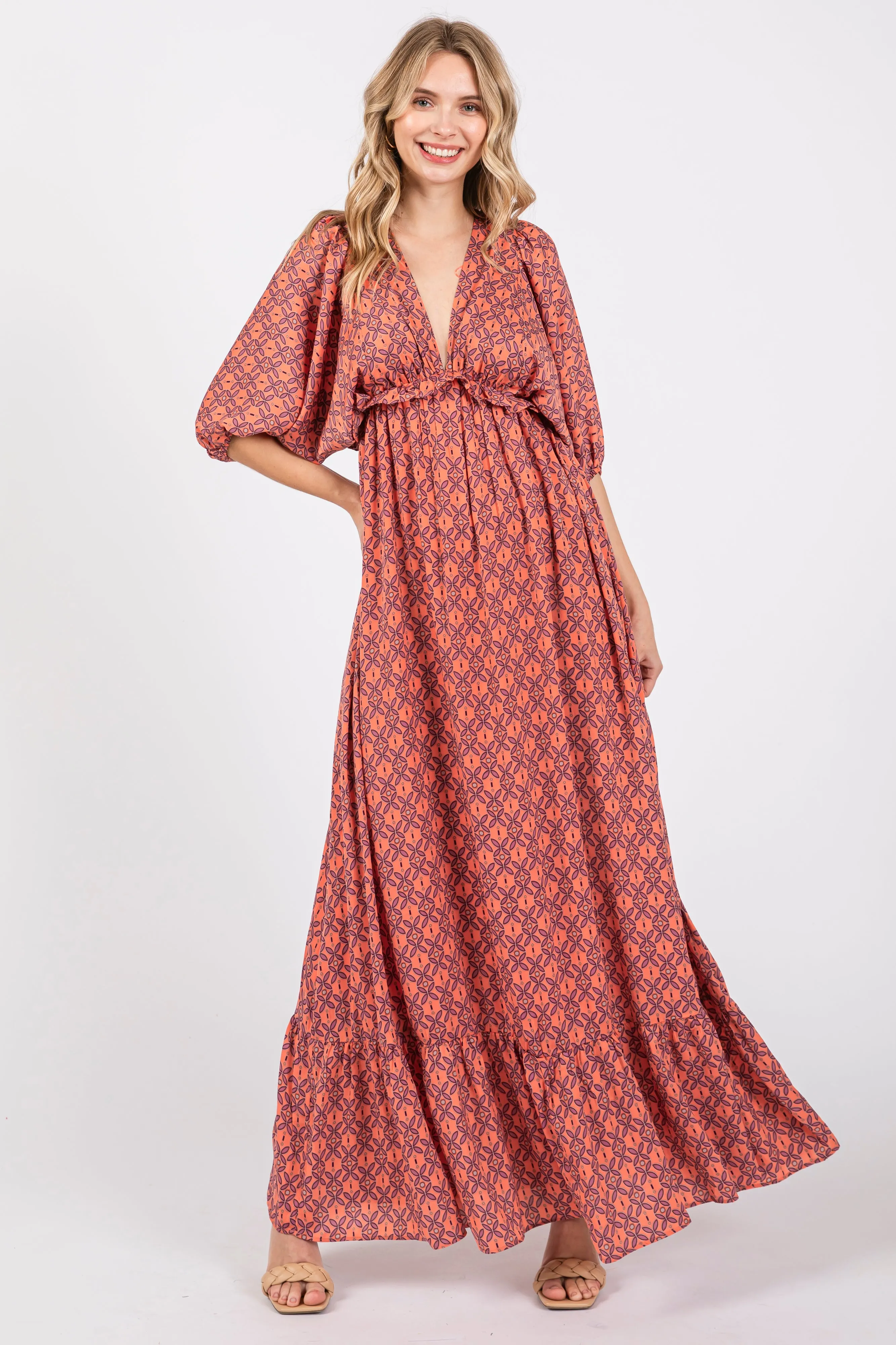 Orange Deep V-Neck Short Puff Sleeve Ruffle Maxi Dress sold by Pinkblush product image thumbnail 4