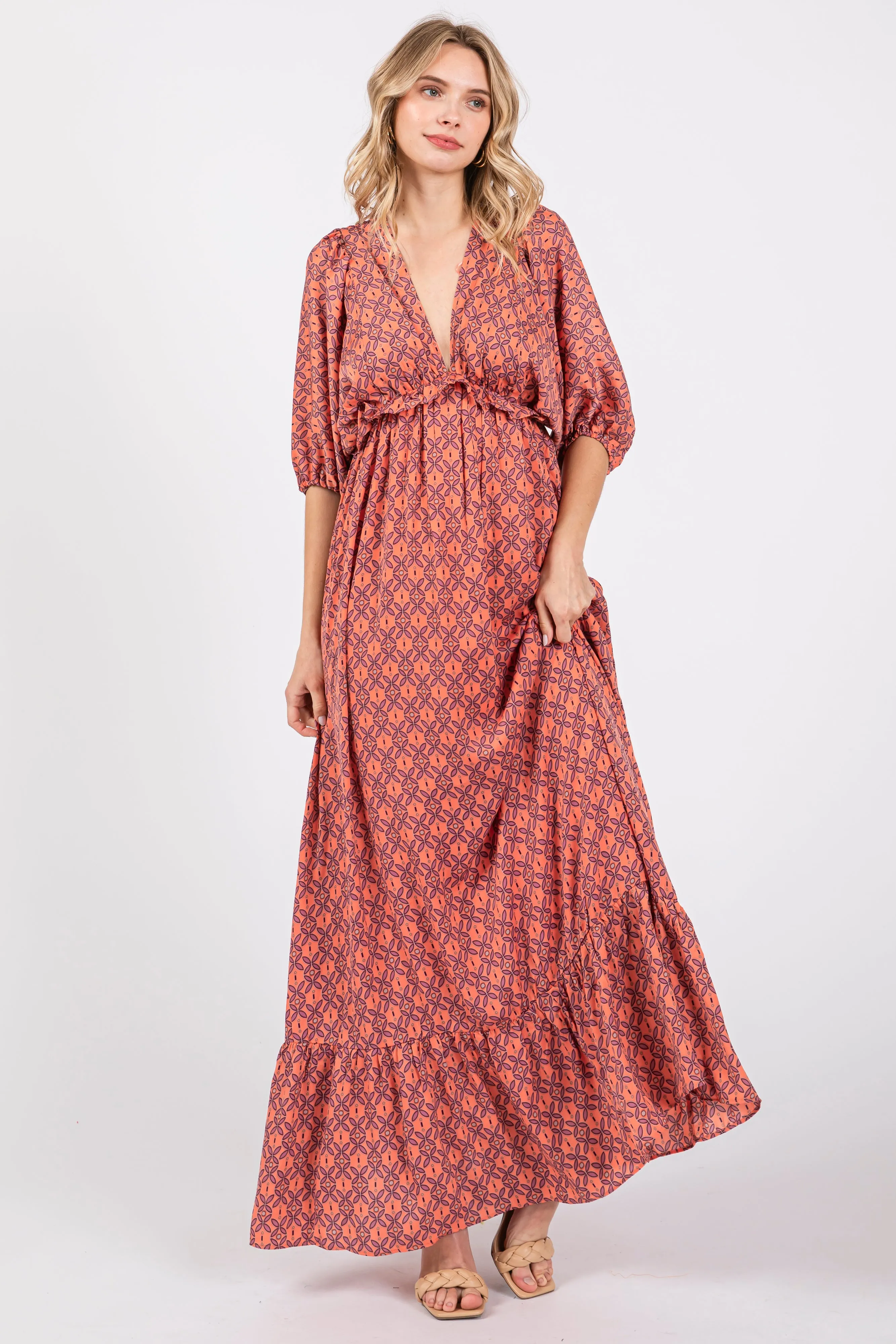 Orange Deep V-Neck Short Puff Sleeve Ruffle Maxi Dress sold by Pinkblush