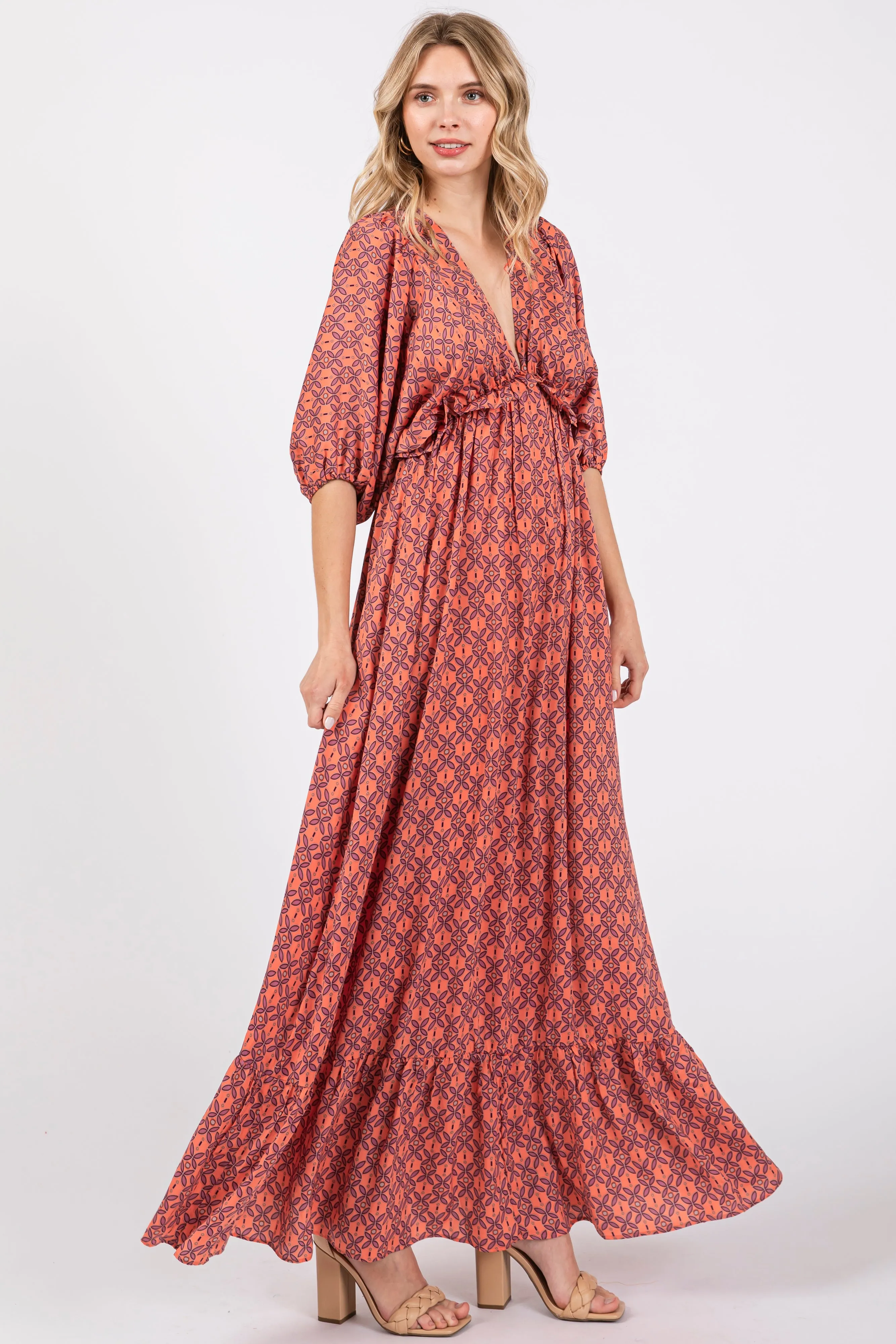 Orange Deep V-Neck Short Puff Sleeve Ruffle Maxi Dress sold by Pinkblush product image thumbnail 2