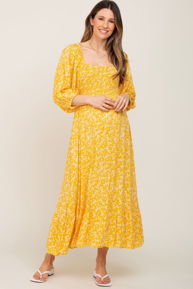 Yellow Floral Smocked Tie Back Maternity Midi Dress sold by Pinkblush