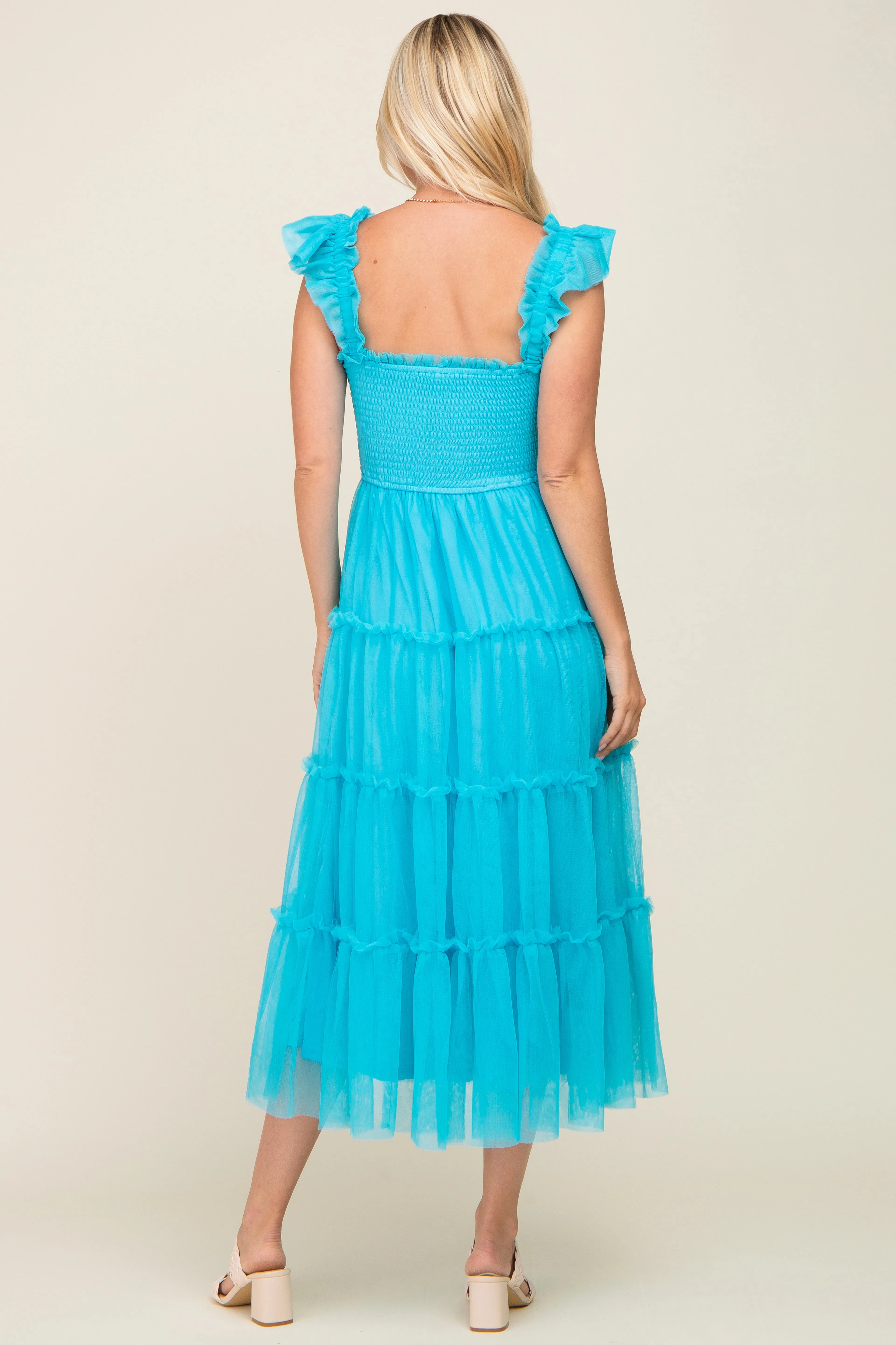 Turquoise Smocked Mesh Ruffle Accent Midi Dress sold by Pinkblush product image thumbnail 3