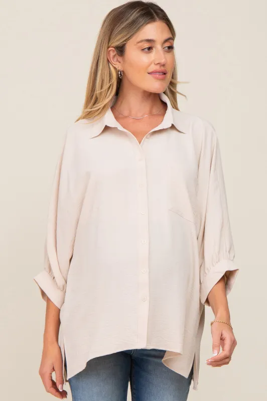 Beige Button Down 3/4 Sleeve Maternity Top sold by Pinkblush