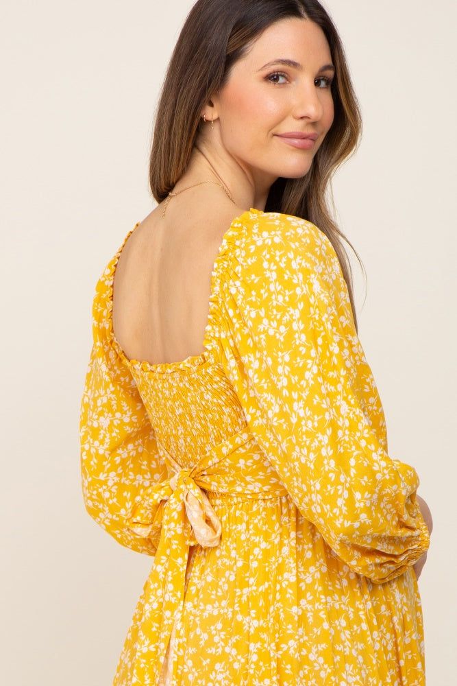 Yellow Floral Smocked Tie Back Maternity Midi Dress sold by Pinkblush product image thumbnail 5