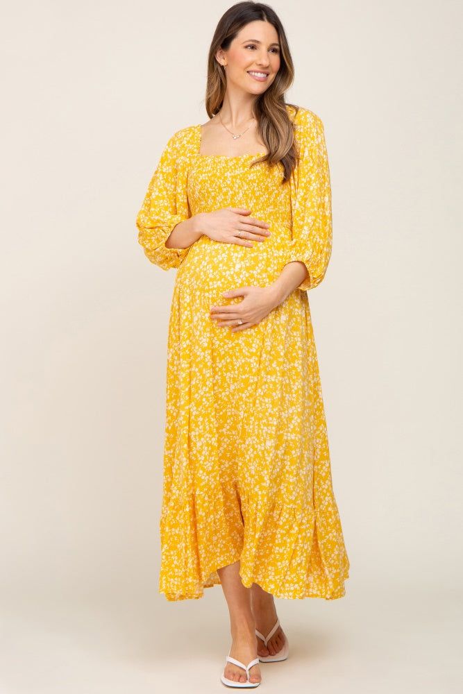 Yellow Floral Smocked Tie Back Maternity Midi Dress sold by Pinkblush product image thumbnail 2