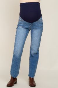 Navy Blue Raw Hem Straight Maternity Jeans sold by Pinkblush