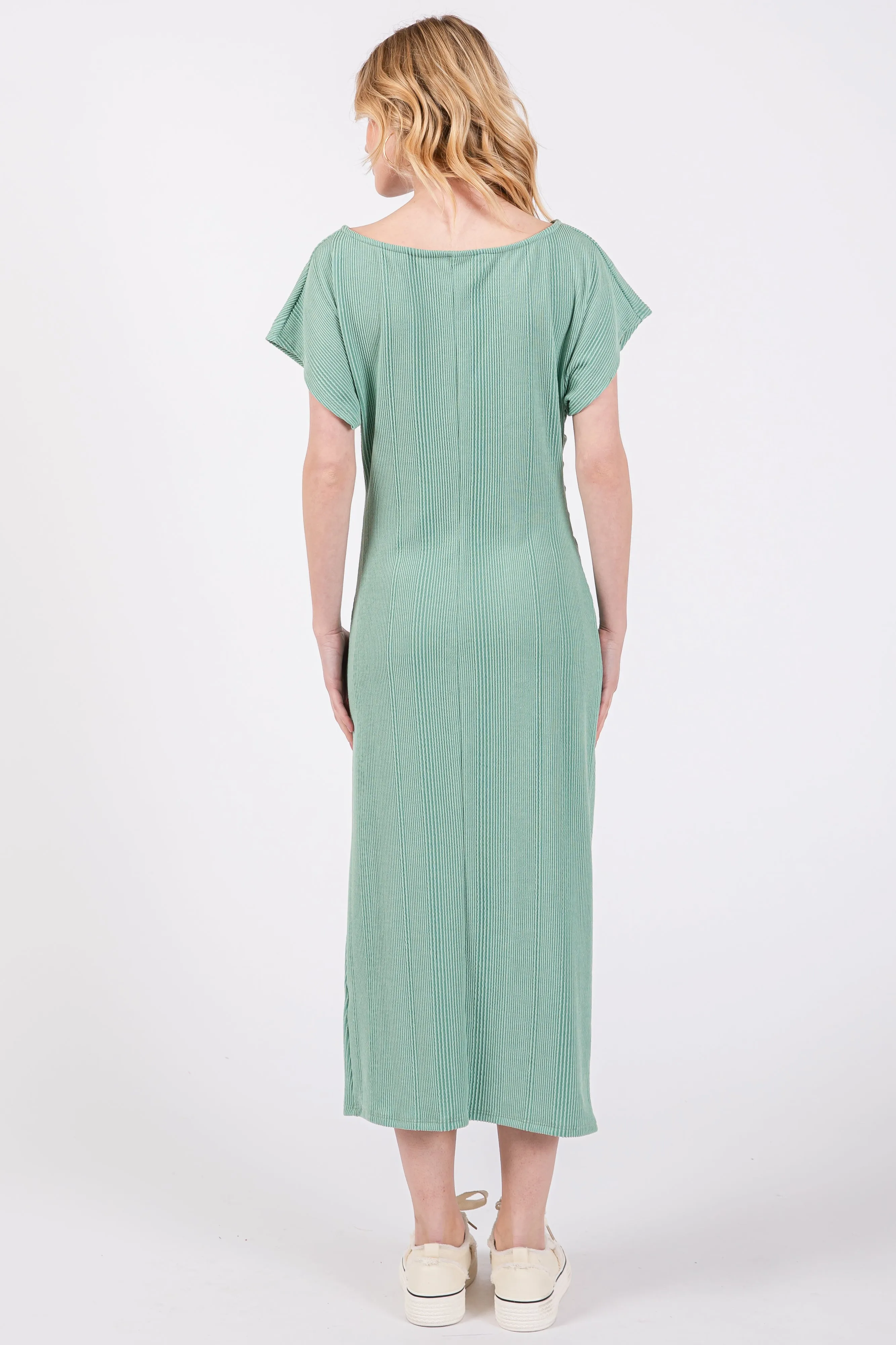 Sage Ribbed Short Sleeve Gathered Midi Dress sold by Pinkblush product image thumbnail 3