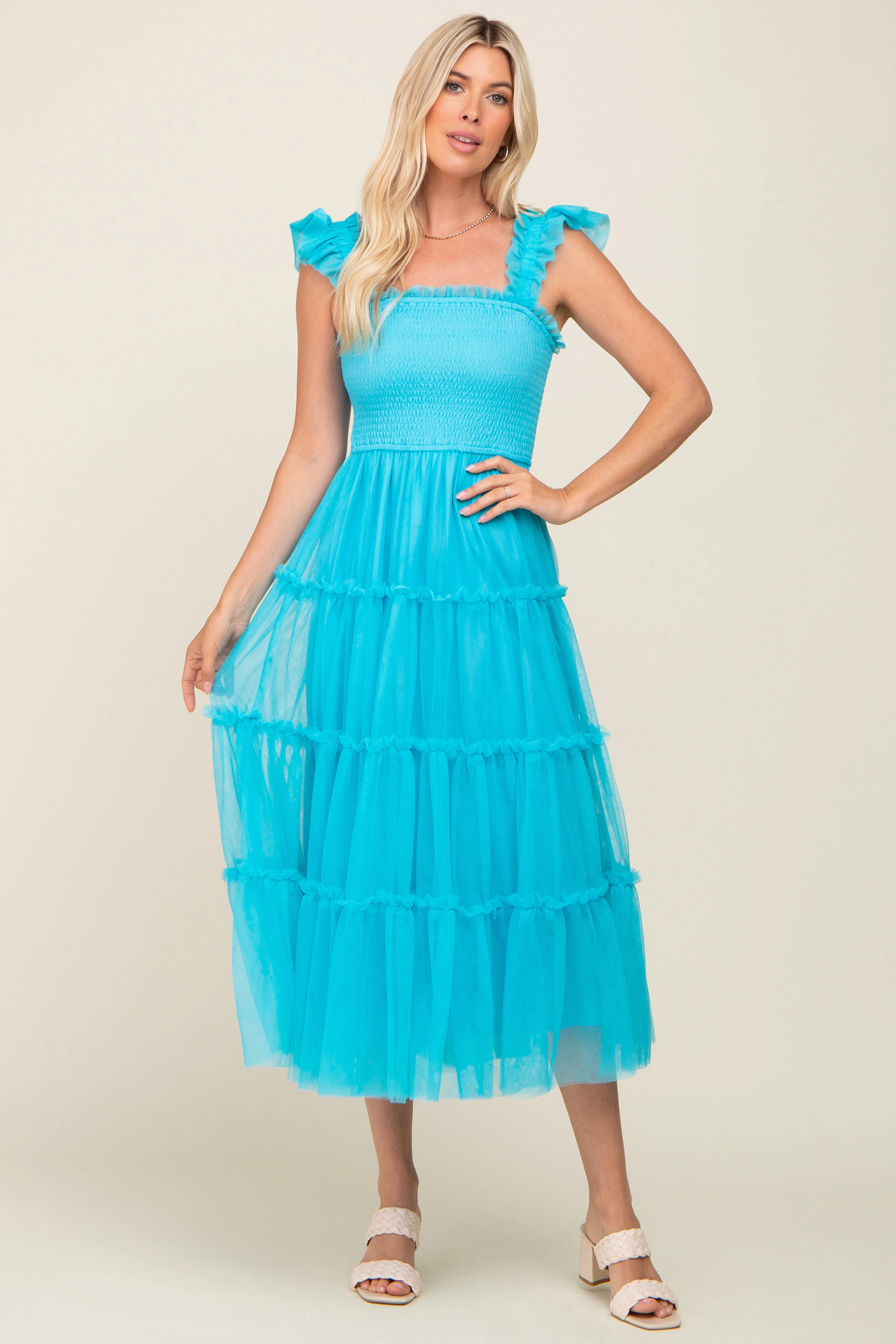 Turquoise Smocked Mesh Ruffle Accent Midi Dress sold by Pinkblush product image thumbnail 4