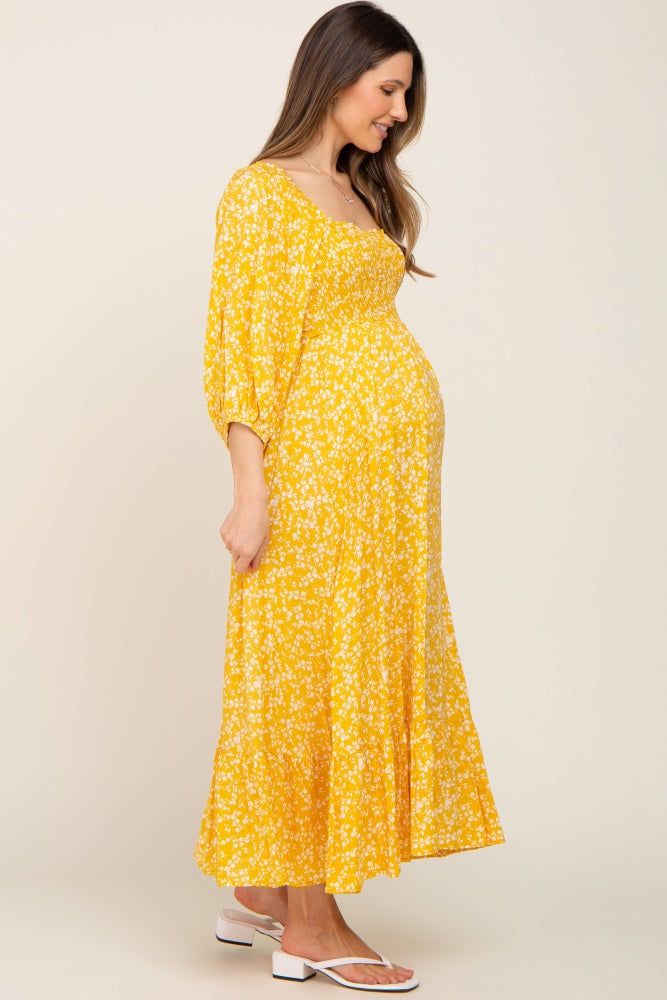Yellow Floral Smocked Tie Back Maternity Midi Dress sold by Pinkblush product image thumbnail 3