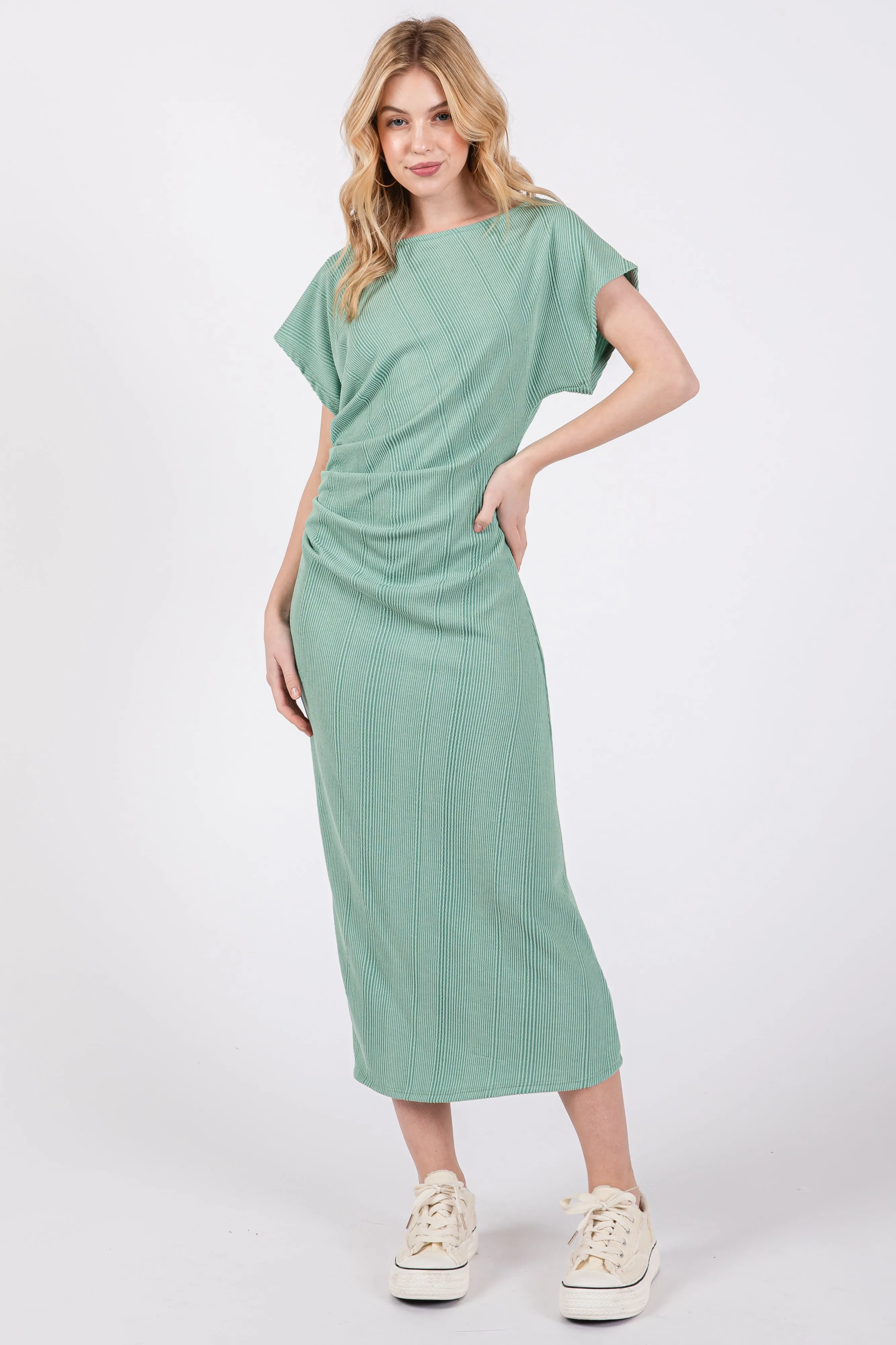 Sage Ribbed Short Sleeve Gathered Midi Dress sold by Pinkblush