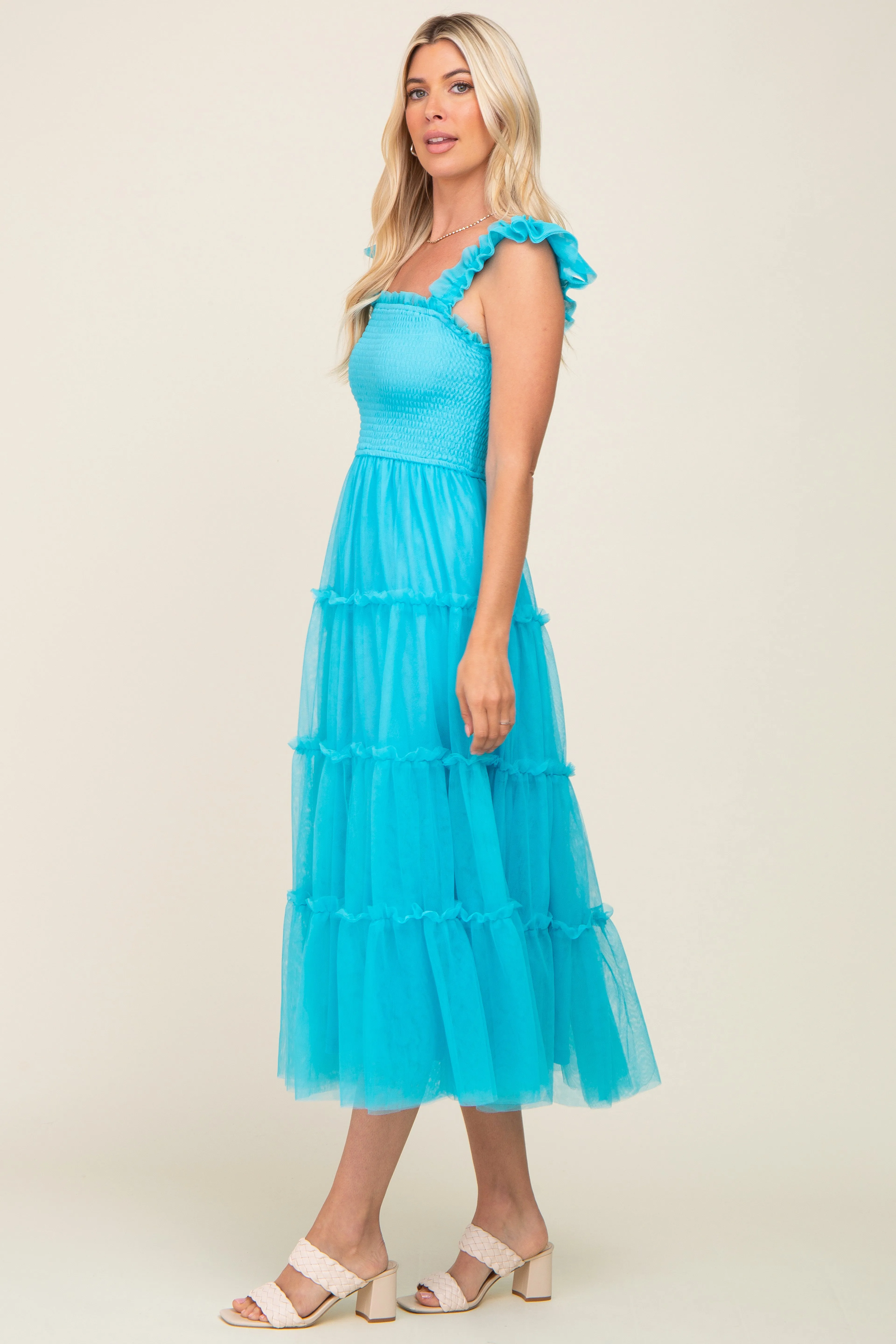 Turquoise Smocked Mesh Ruffle Accent Midi Dress sold by Pinkblush product image thumbnail 2