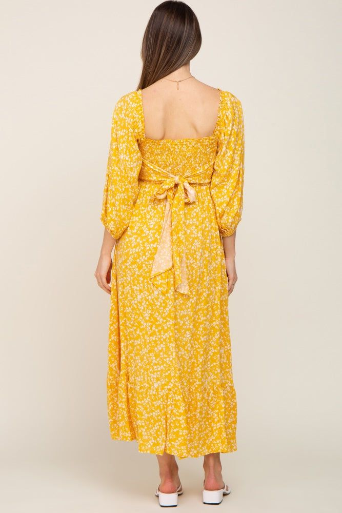 Yellow Floral Smocked Tie Back Maternity Midi Dress sold by Pinkblush product image thumbnail 4