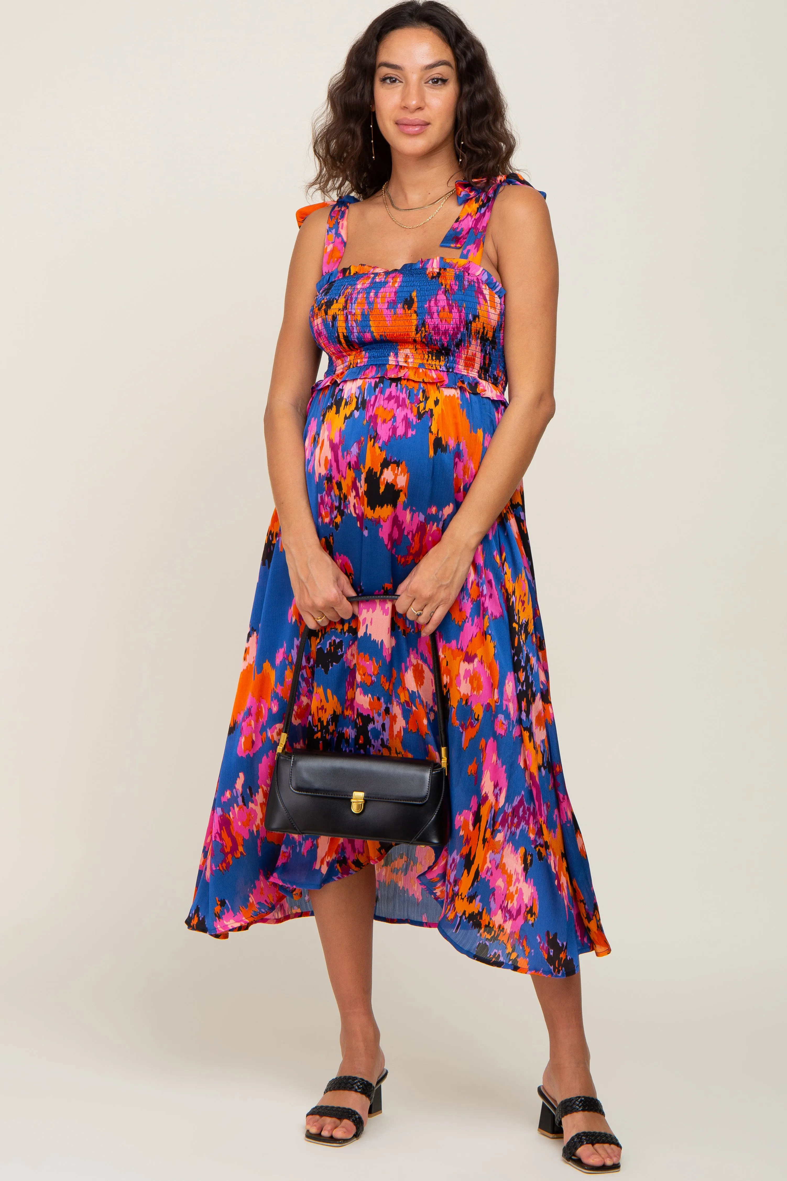 Blue Printed Satin Smocked Maternity Midi Dress sold by Pinkblush product image thumbnail 4