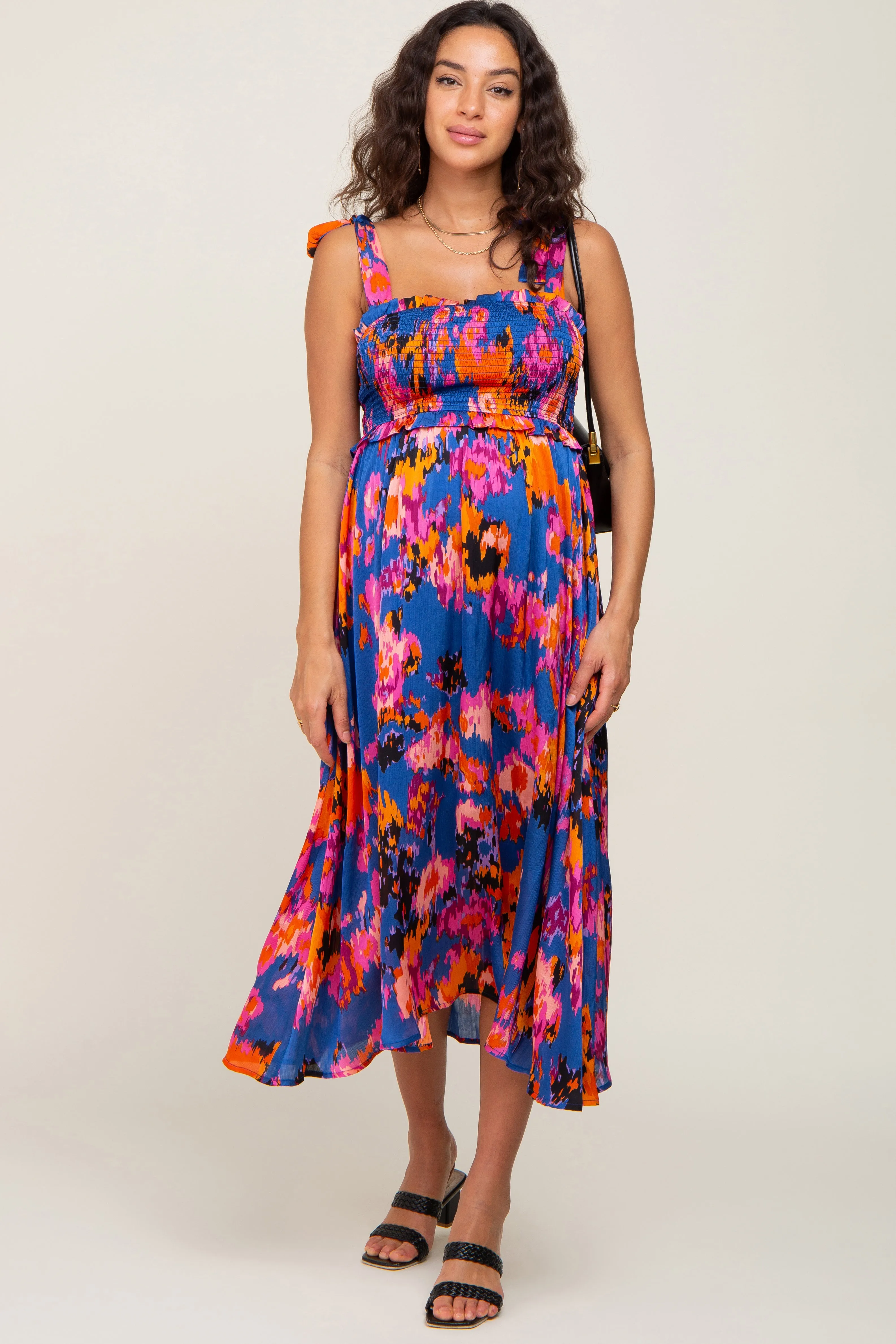 Blue Printed Satin Smocked Maternity Midi Dress sold by Pinkblush