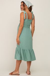 Sage Smocked Shoulder Tie Maternity Midi Dress sold by Pinkblush