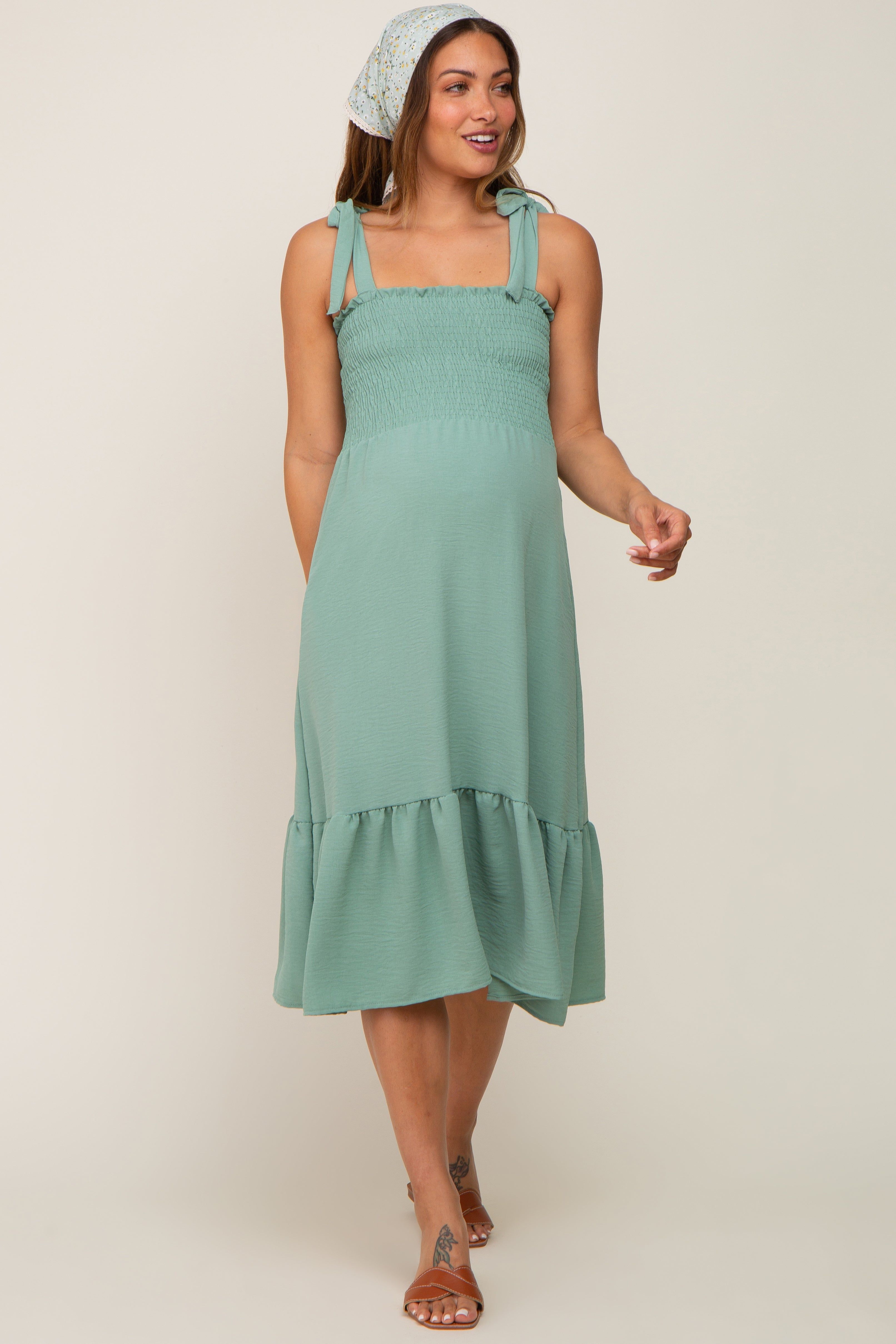 Sage Smocked Shoulder Tie Maternity Midi Dress sold by Pinkblush