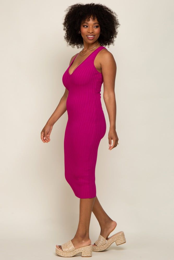 Magenta Ribbed Knit Fitted V-Neck Midi Dress sold by Pinkblush product image thumbnail 2