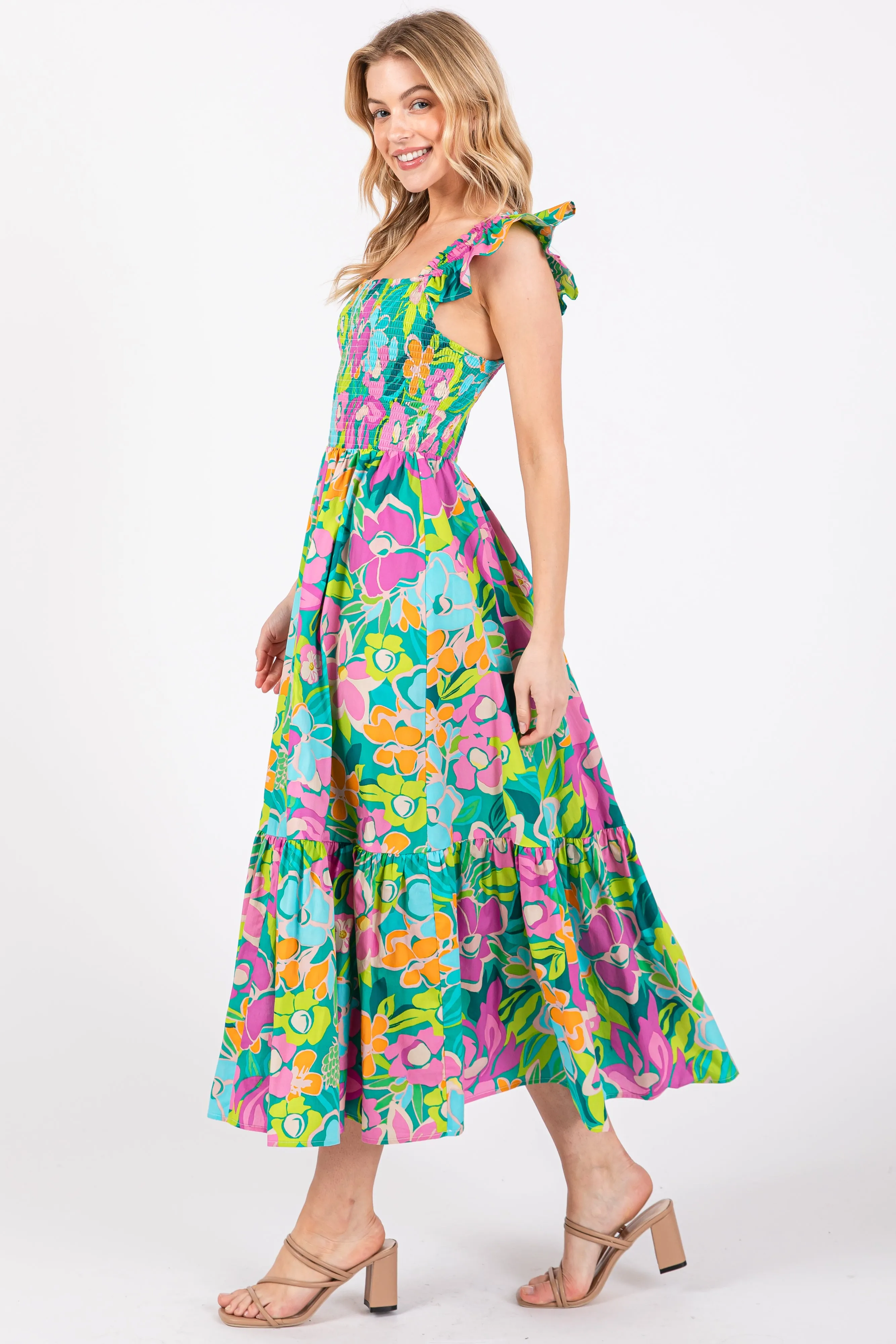 Green Floral Ruffle Shoulder Smocked Midi Dress sold by Pinkblush product image thumbnail 2